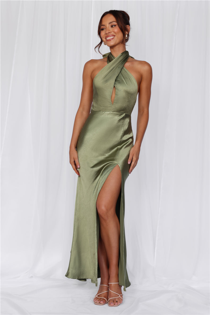 The Adeline Halter Satin Maxi Dress Olive