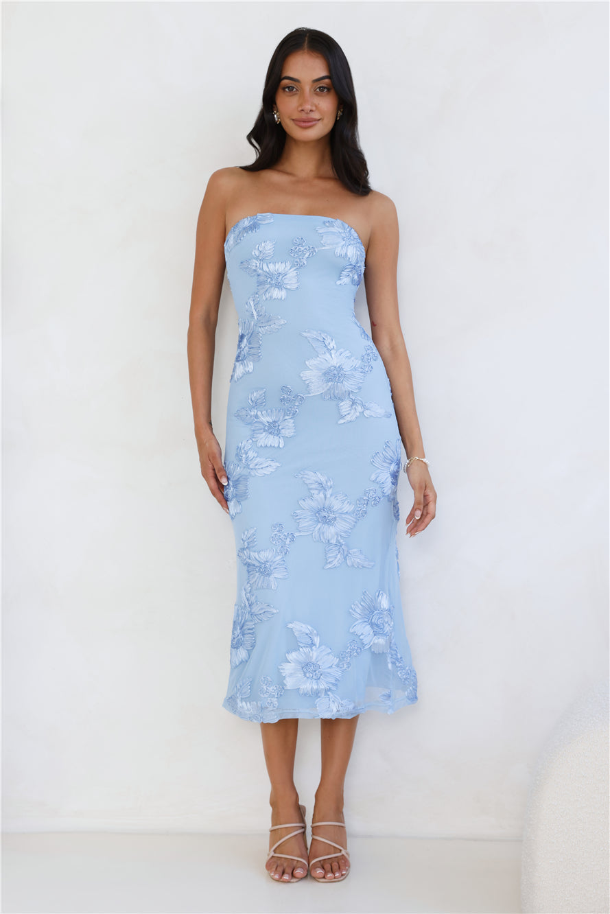Seraphic Strapless Mesh Midi Dress Blue