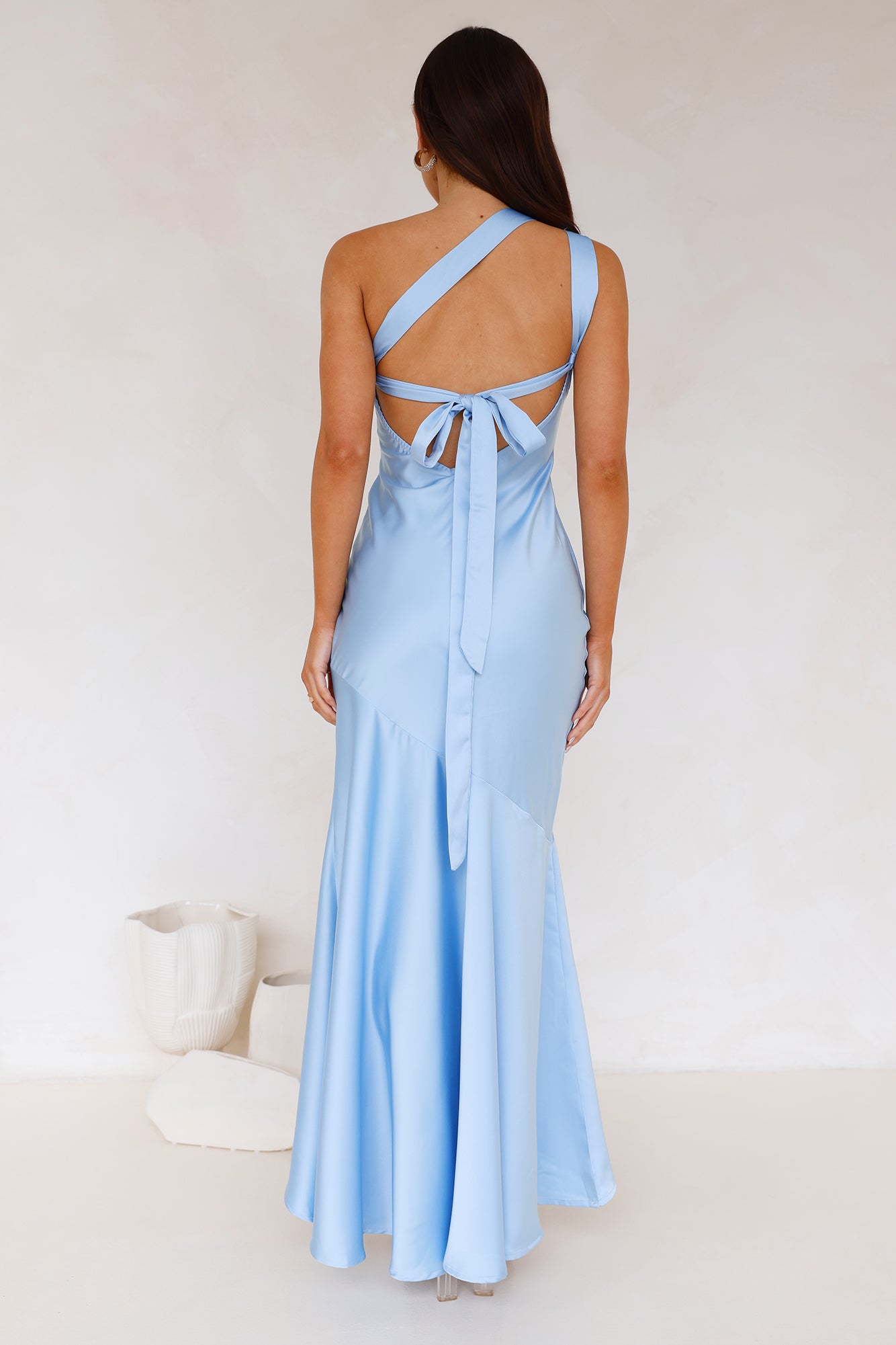 Romantic Affair Satin One Shoulder Maxi Dress Blue