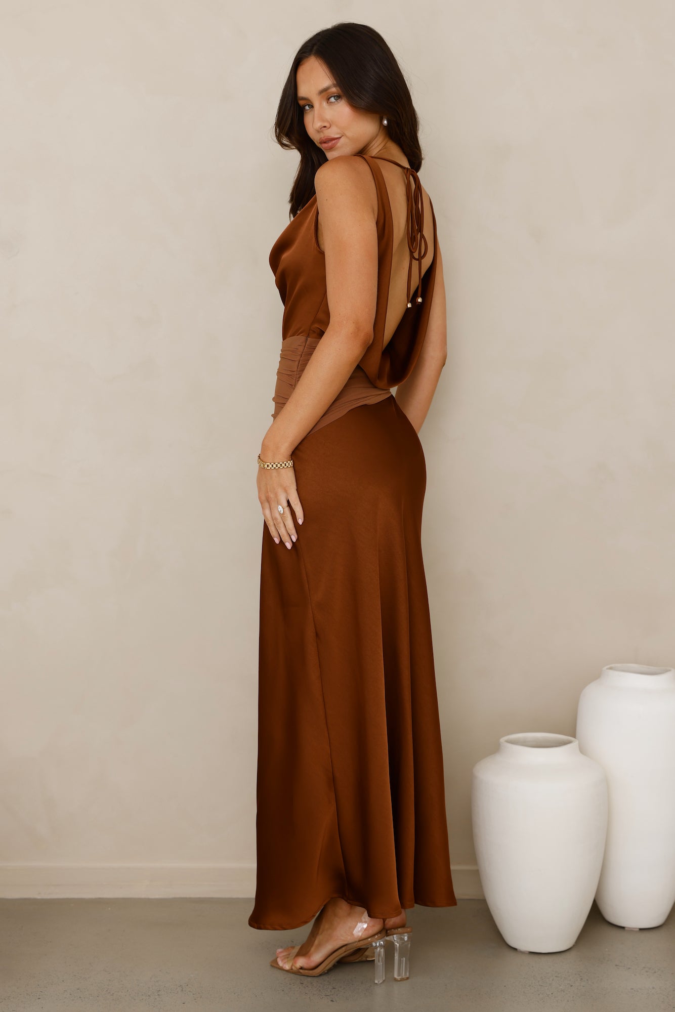 Celestial Spark Satin Maxi Dress Brown