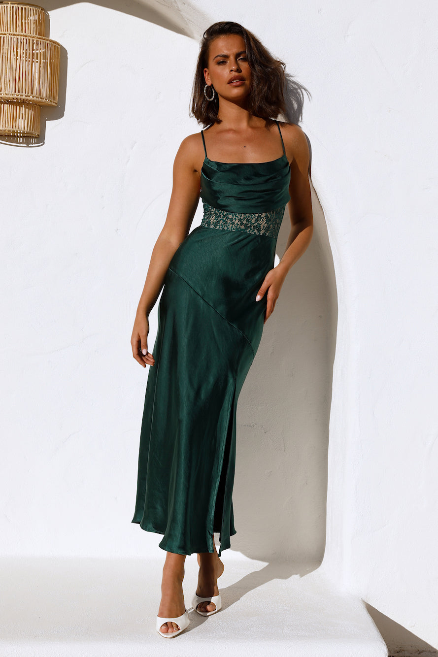 Sipping Waterfalls Satin Midi Dress Green