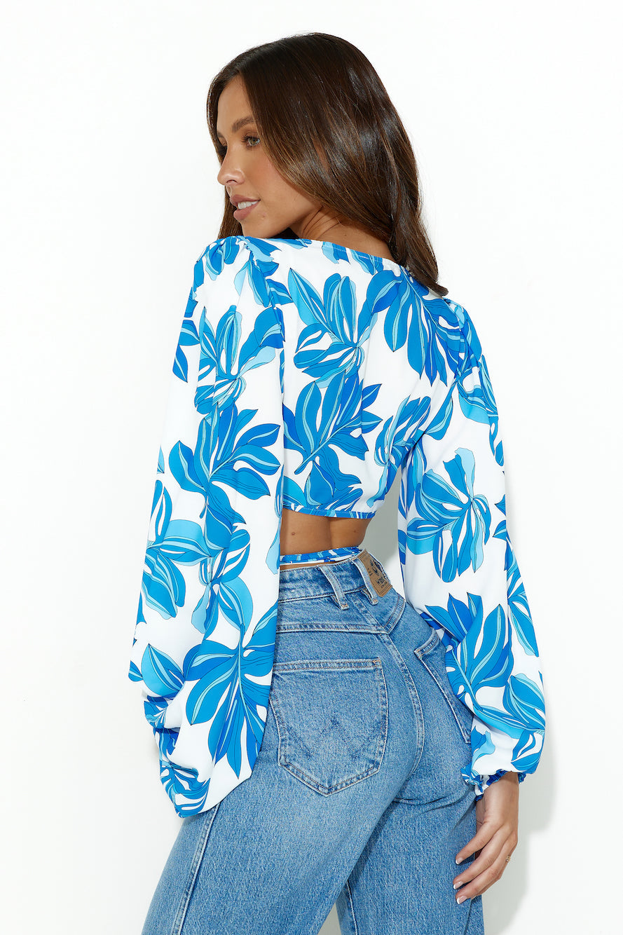 Happy Dance Long Sleeve Crop Top Blue