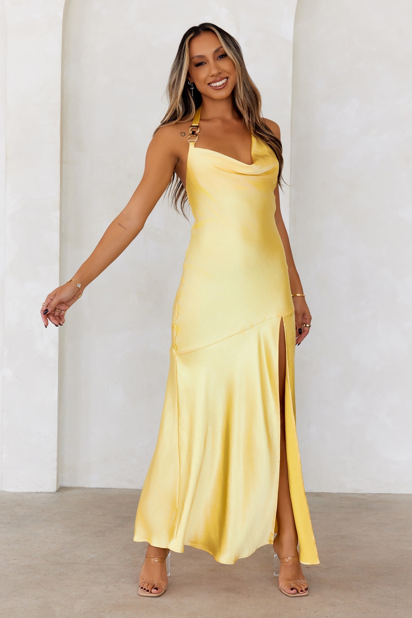 Enchanted Beauty Halter Satin Maxi Dress Yellow
