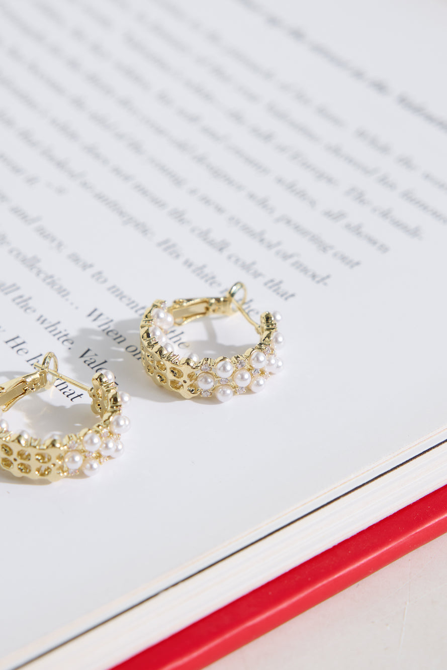 18k Gold Plated Small Pearls Hoop Earrings Gold