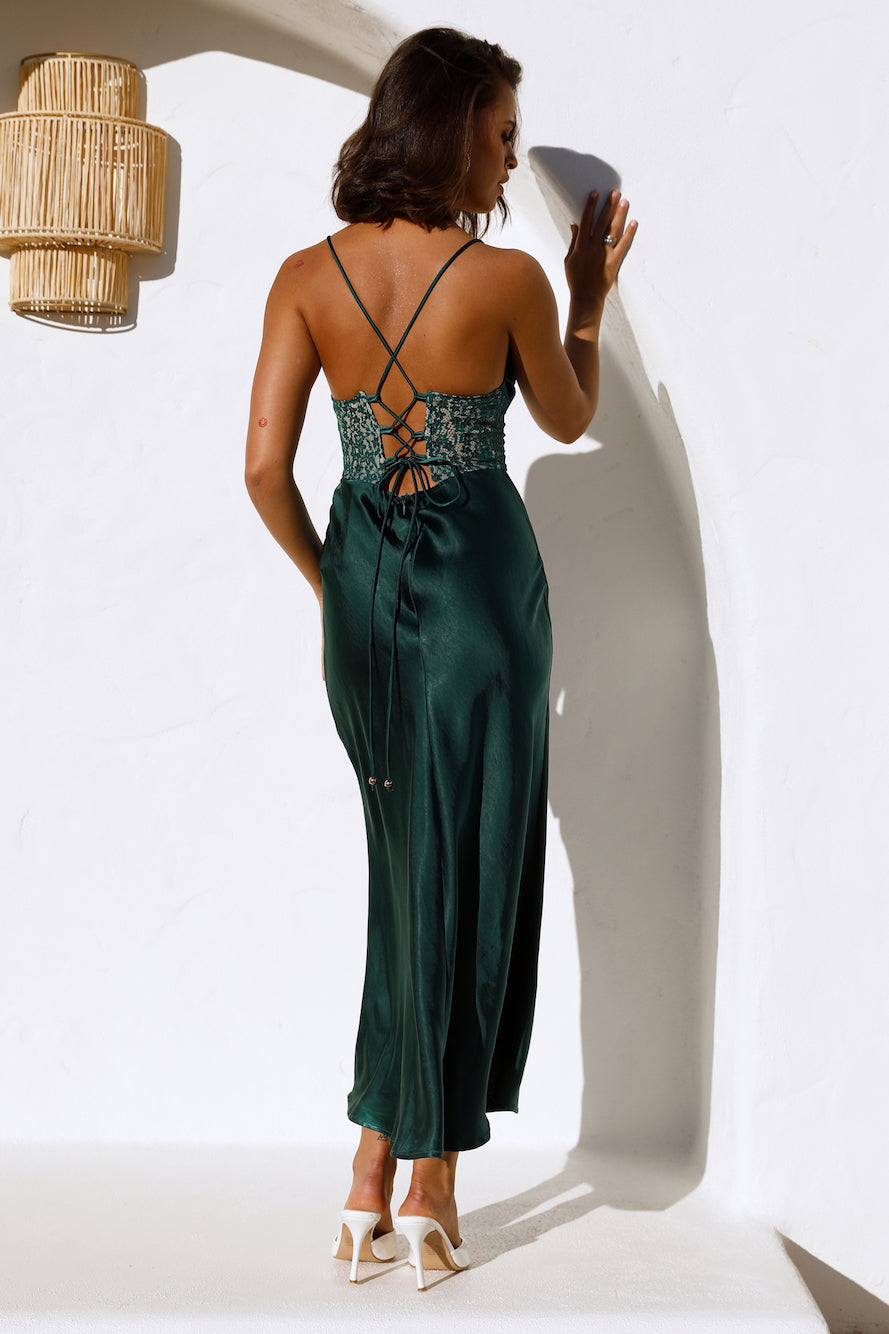 Sipping Waterfalls Satin Midi Dress Green