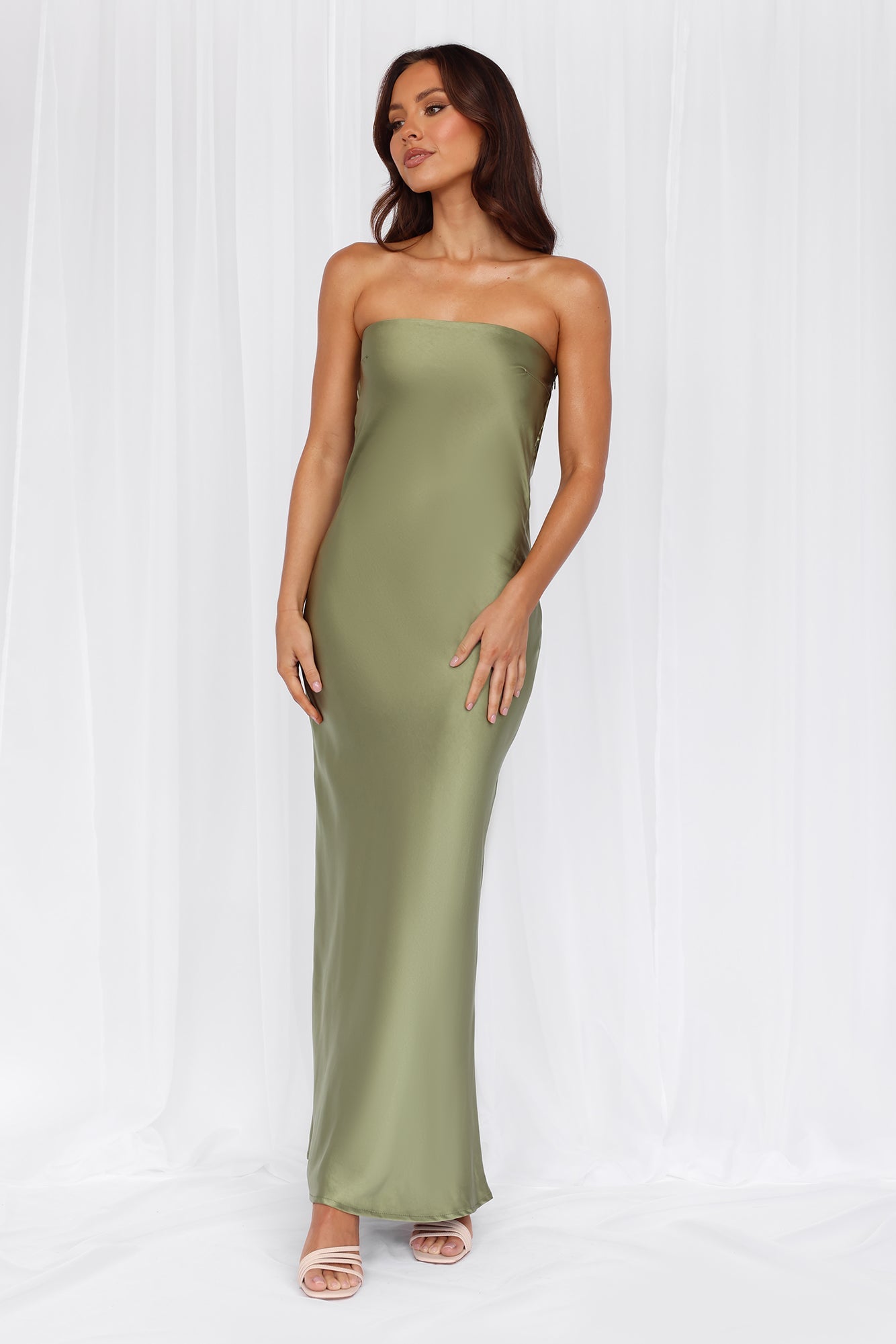 The Felicity Strapless Satin Maxi Dress Olive