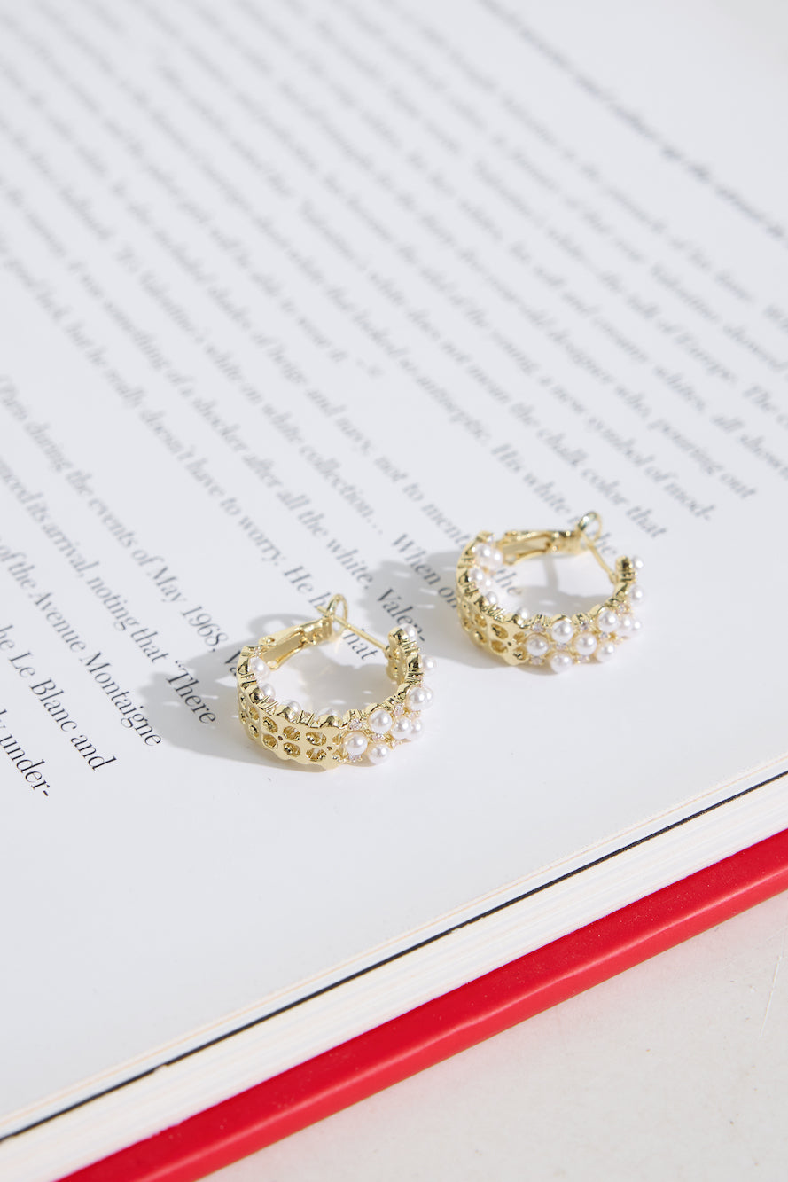 18k Gold Plated Small Pearls Hoop Earrings Gold
