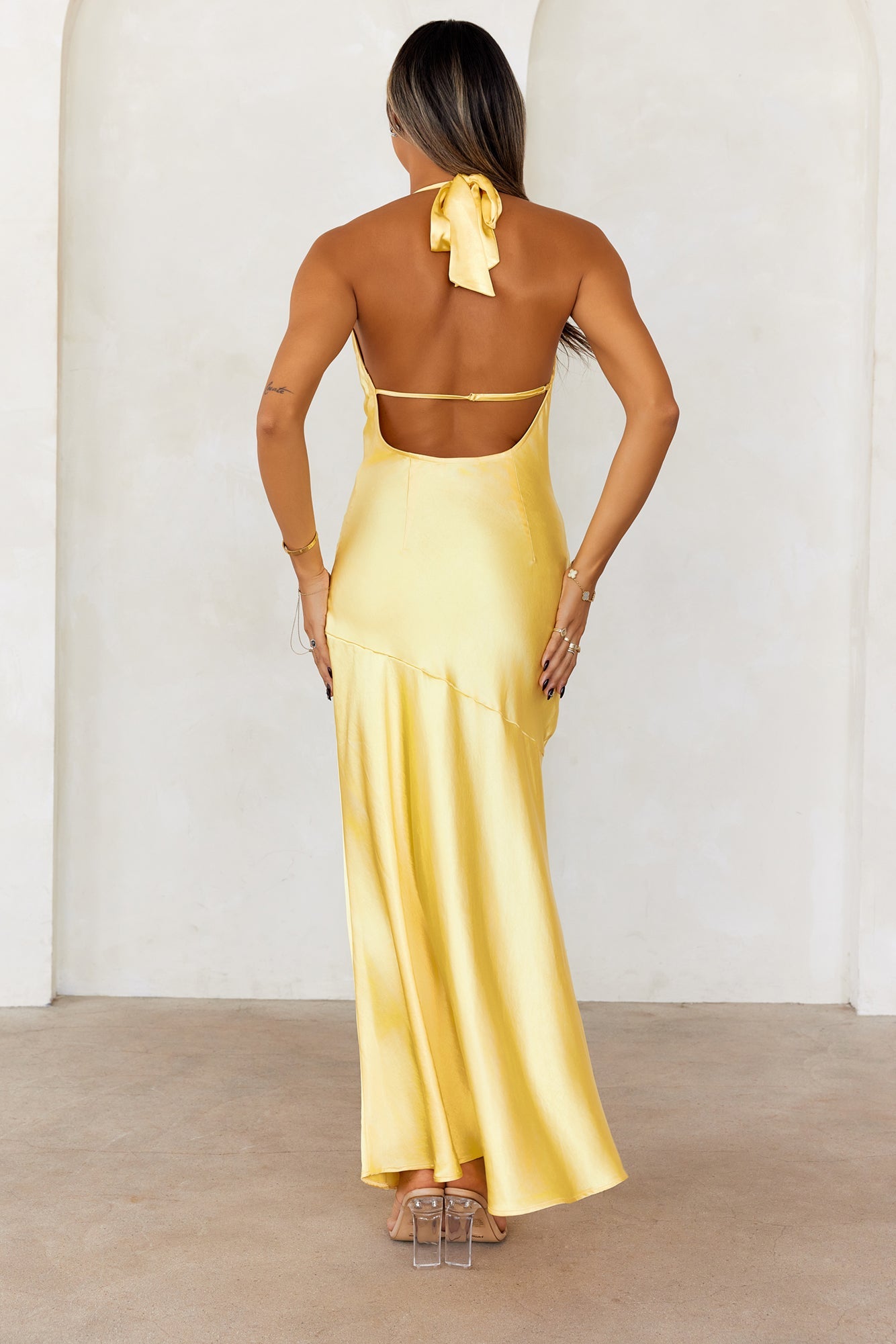 Enchanted Beauty Halter Satin Maxi Dress Yellow