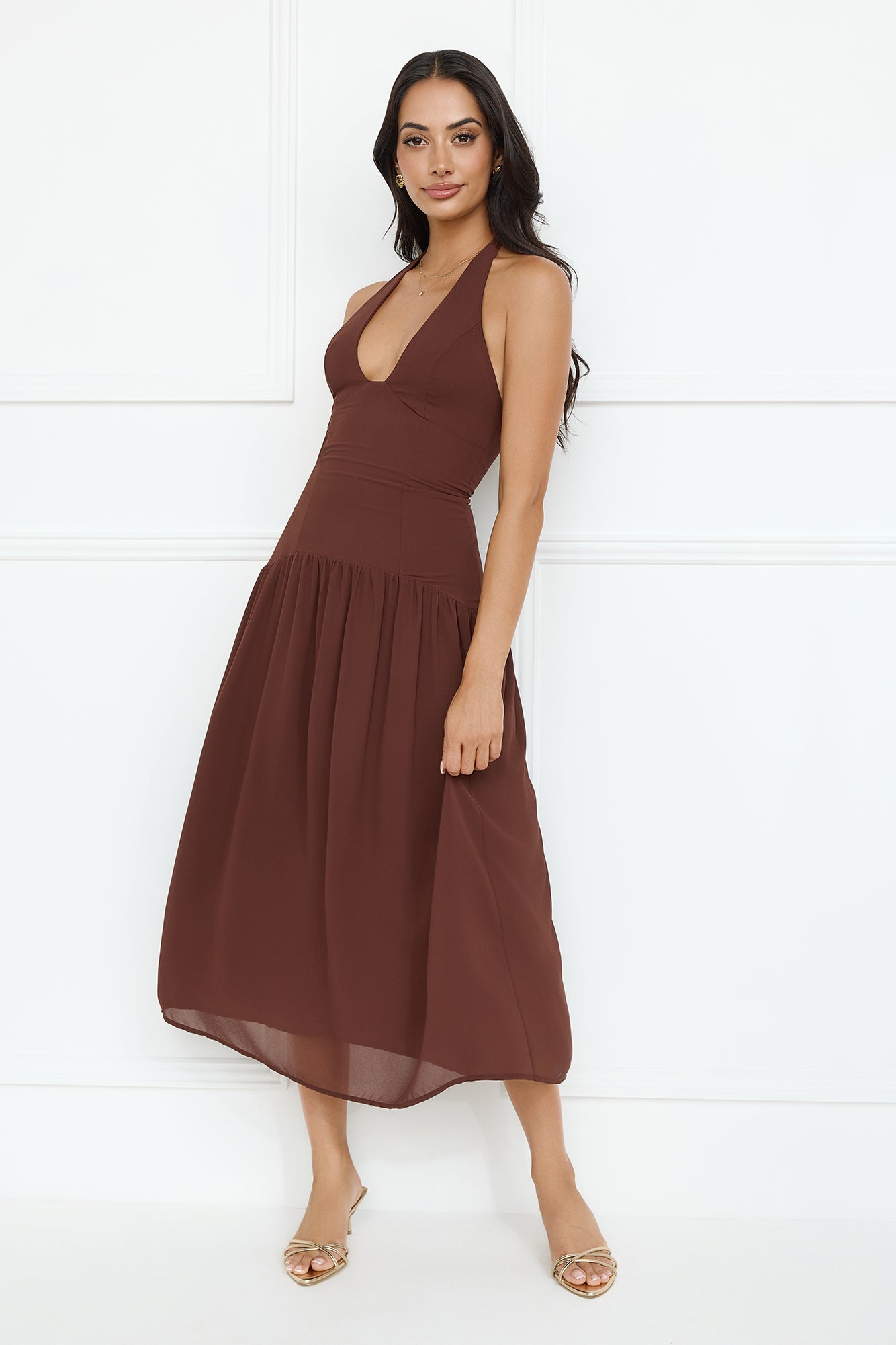 Sassy Style Halter Midi Dress Brown