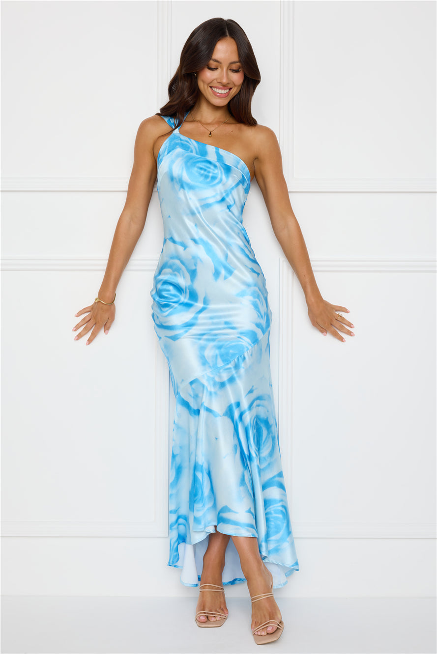 After Dark Allure One Shoulder Satin Maxi Dress Blue