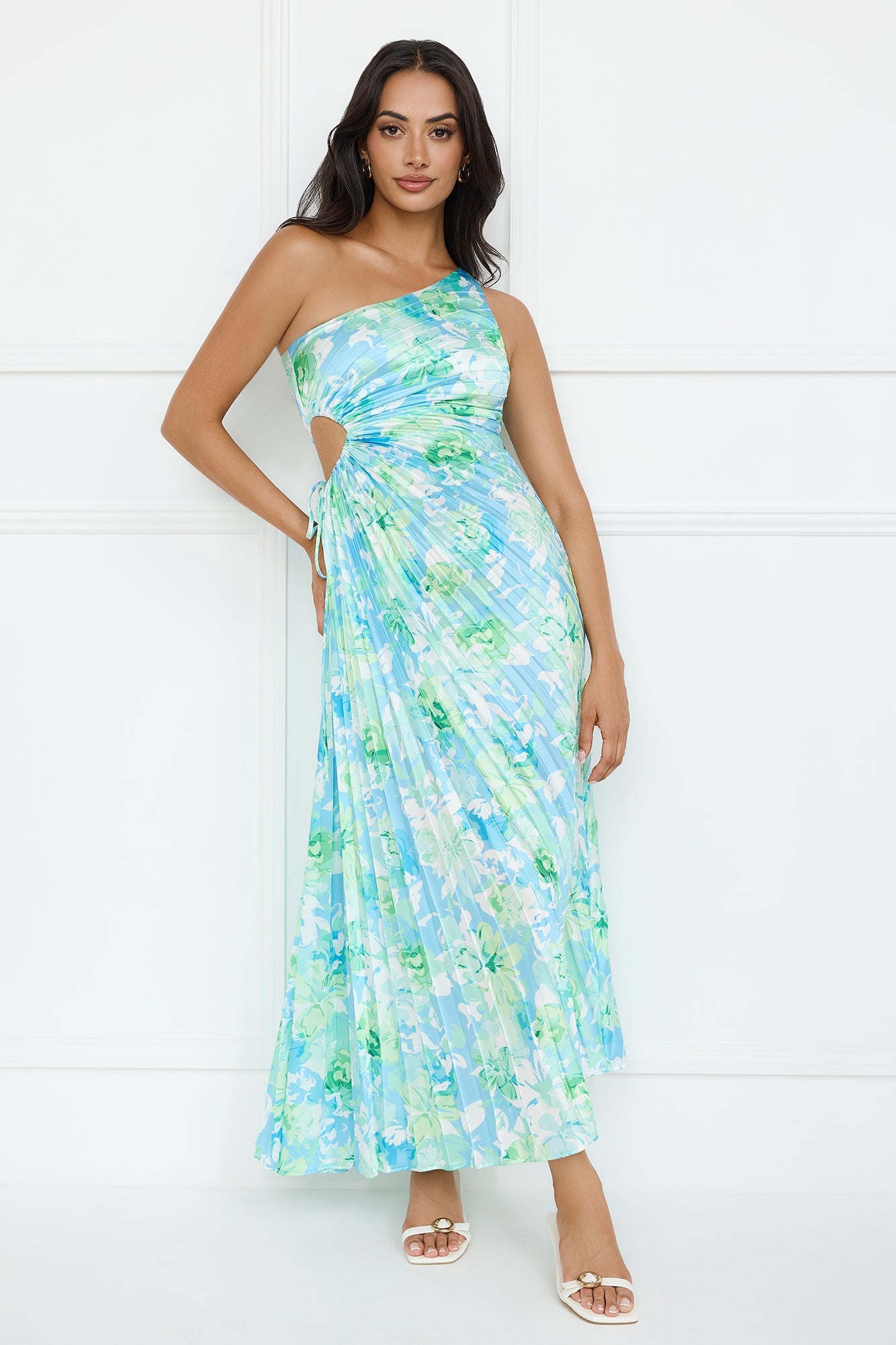 Emerald Ice One Shoulder Satin Pleated Maxi Dress Blue