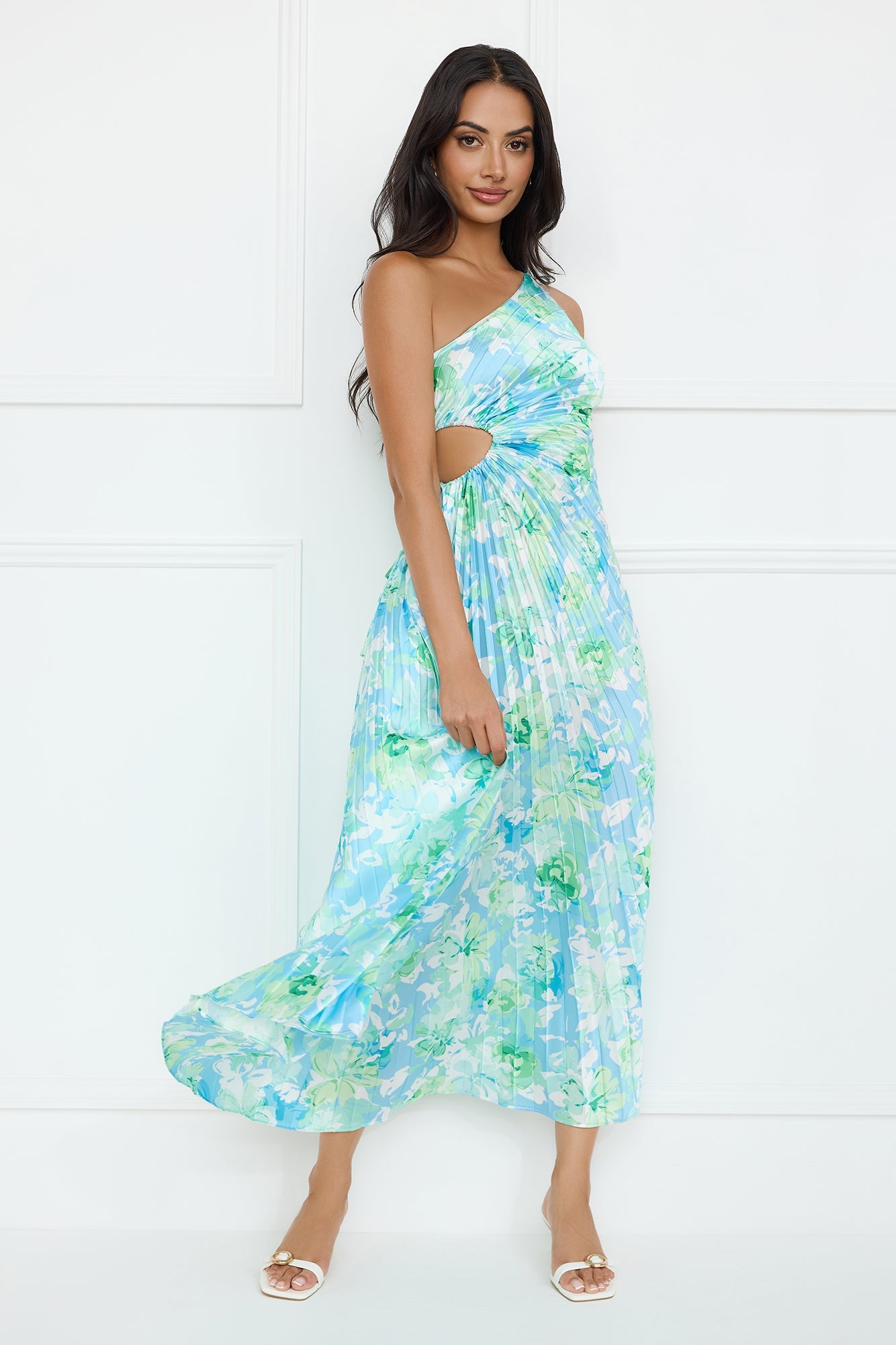 Emerald Ice One Shoulder Satin Pleated Maxi Dress Blue