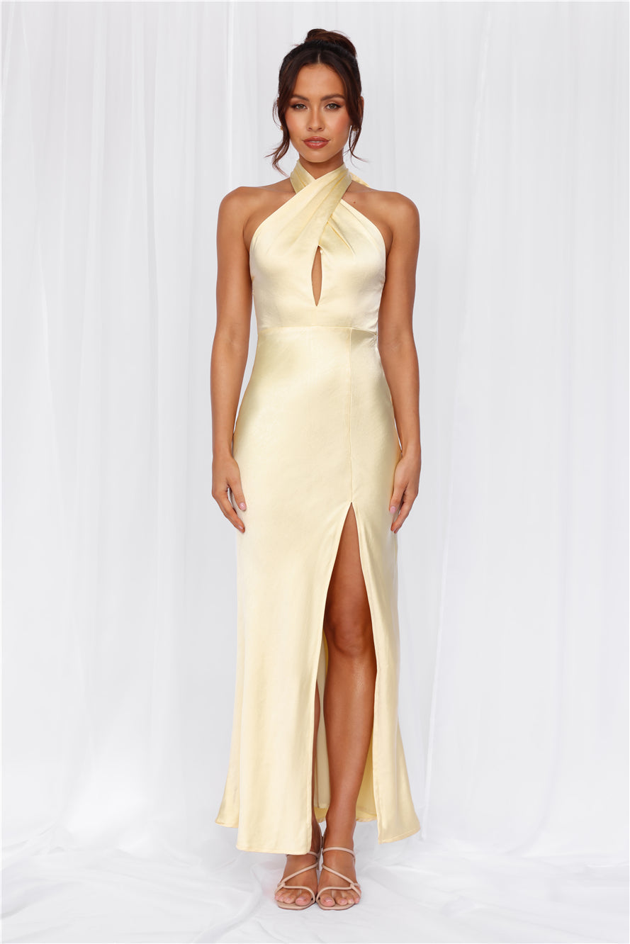 The Adeline Halter Satin Maxi Dress Yellow