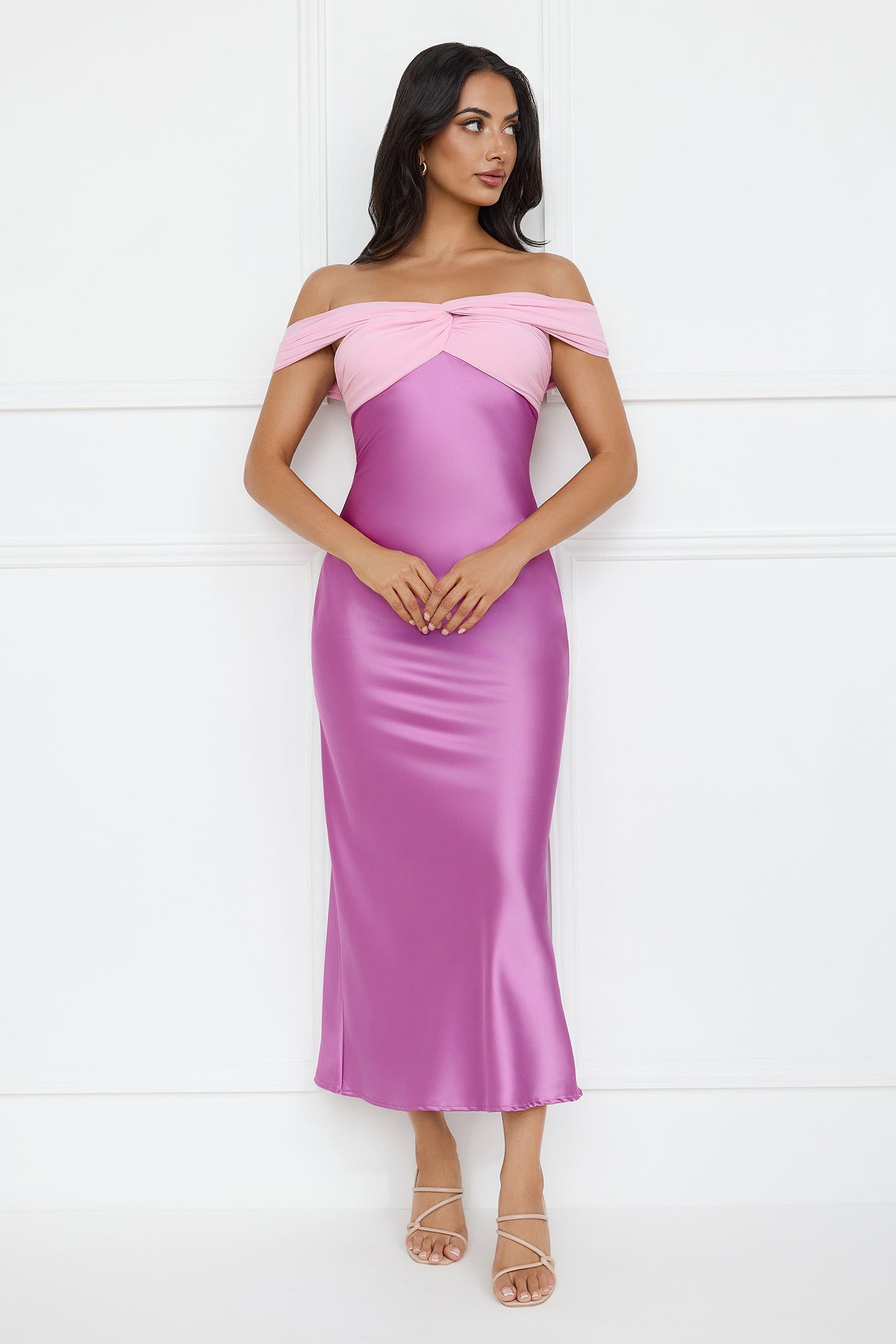 Luxe And Lavish Off Shoulder Satin Maxi Dress Purple