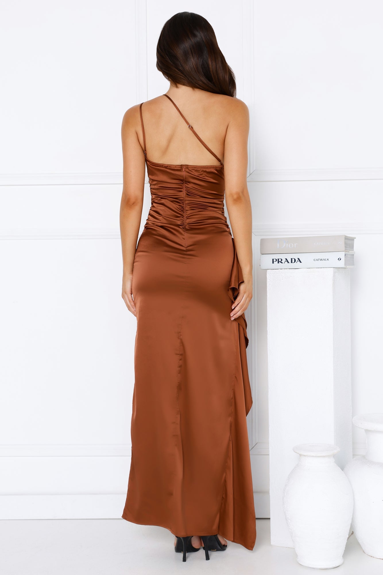 Extra Special One Shoulder Satin Maxi Dress Brown
