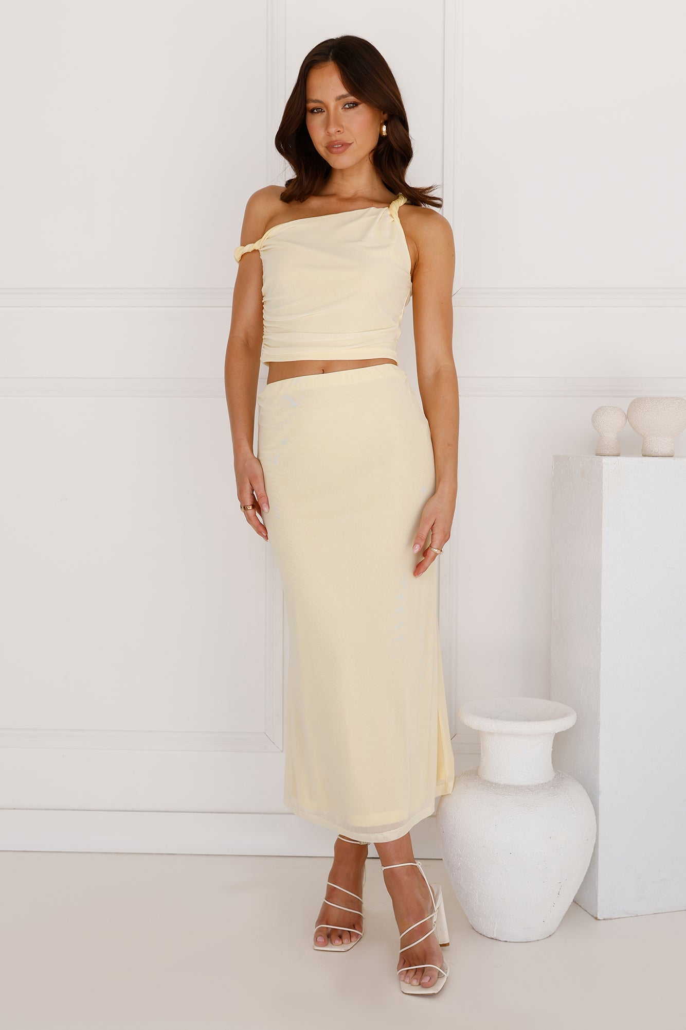 Downtown Dreamscape Off Shoulder Mesh Crop Top Yellow