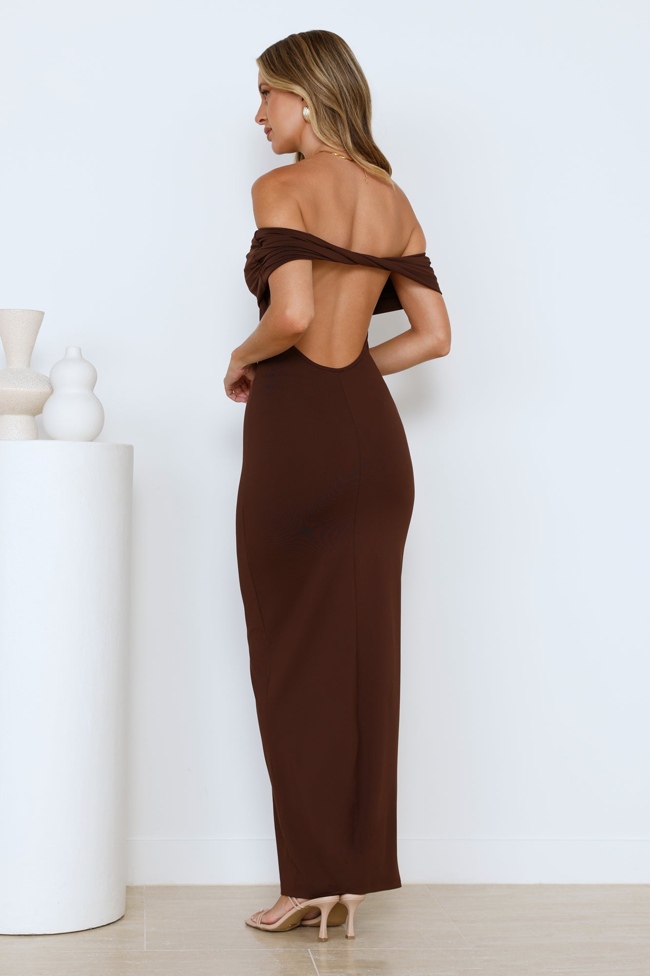 Soft Whispers Off Shoulder Maxi Dress Brown