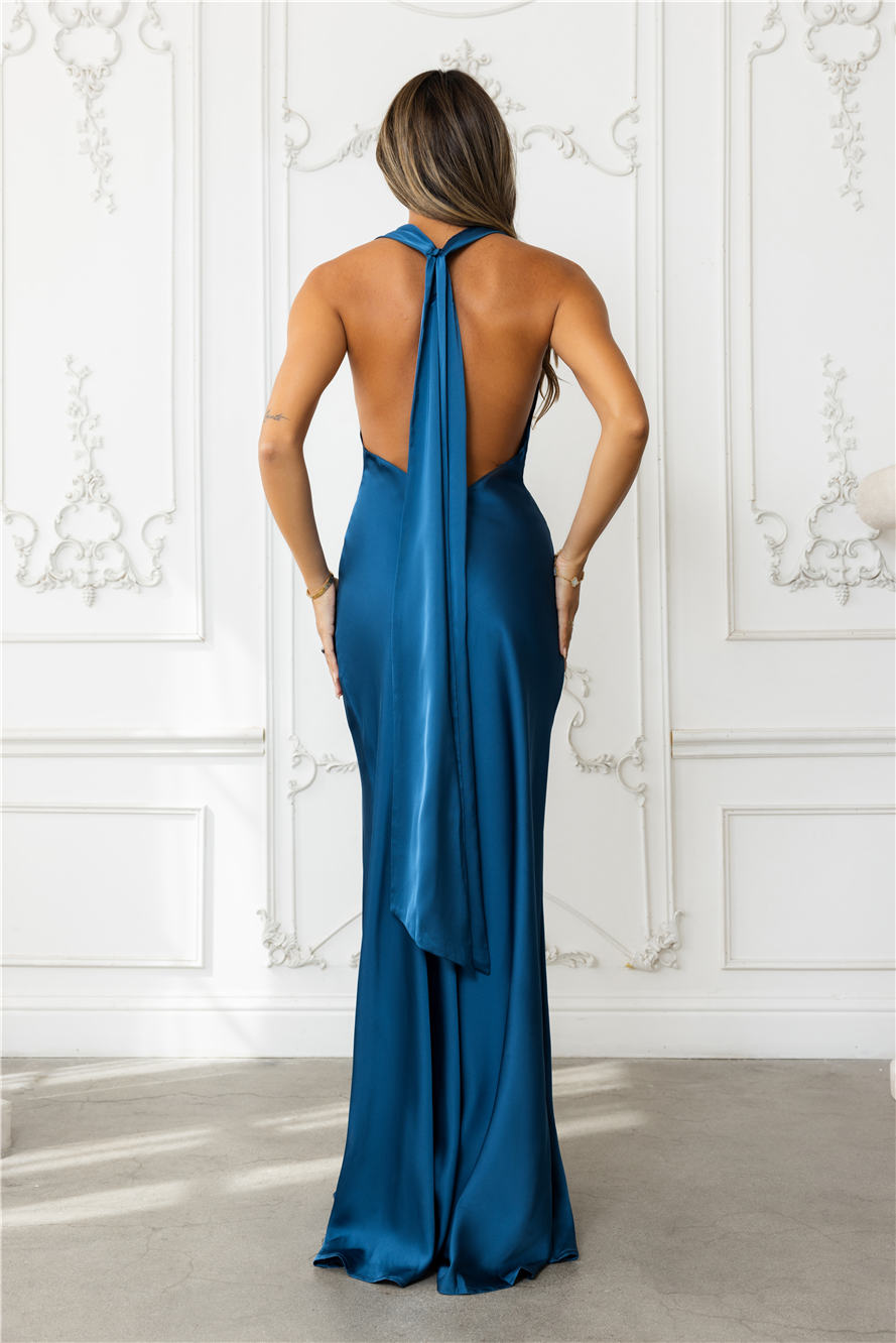 Nightfall Noir Halter Satin Maxi Dress Teal