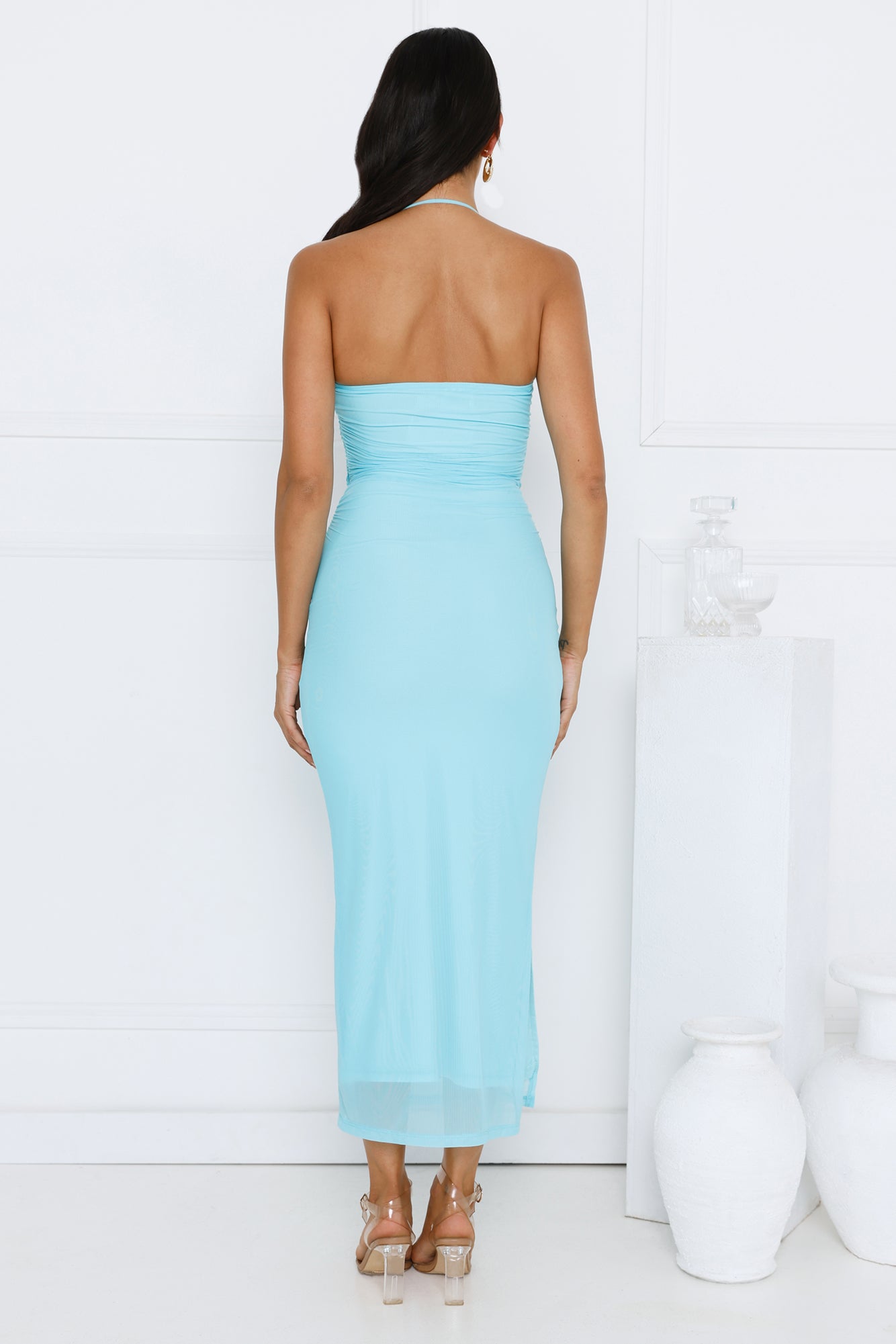 Aiko Halter Mesh Maxi Dress Blue