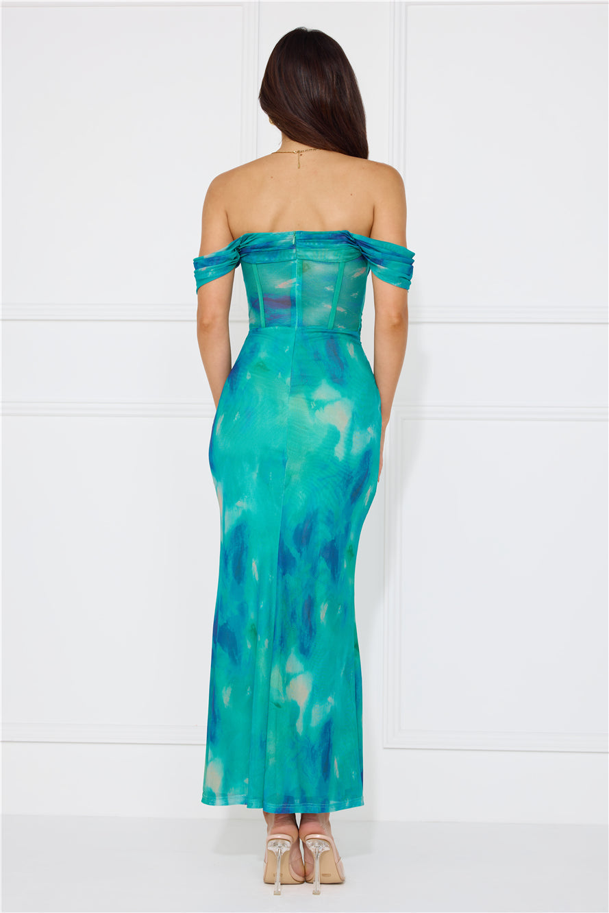 Timeless Grace Off Shoulder Mesh Maxi Dress Green