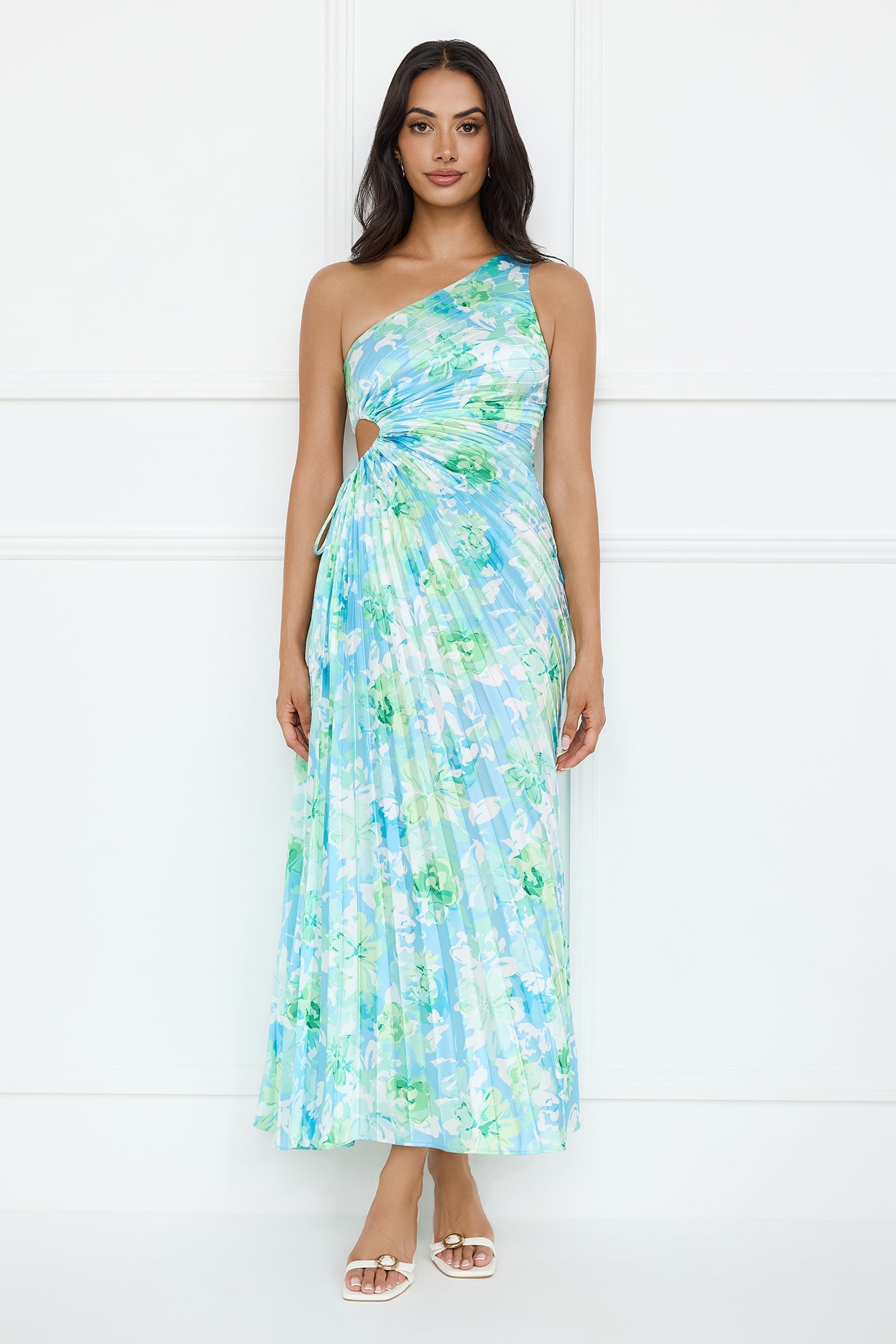 Emerald Ice One Shoulder Satin Pleated Maxi Dress Blue