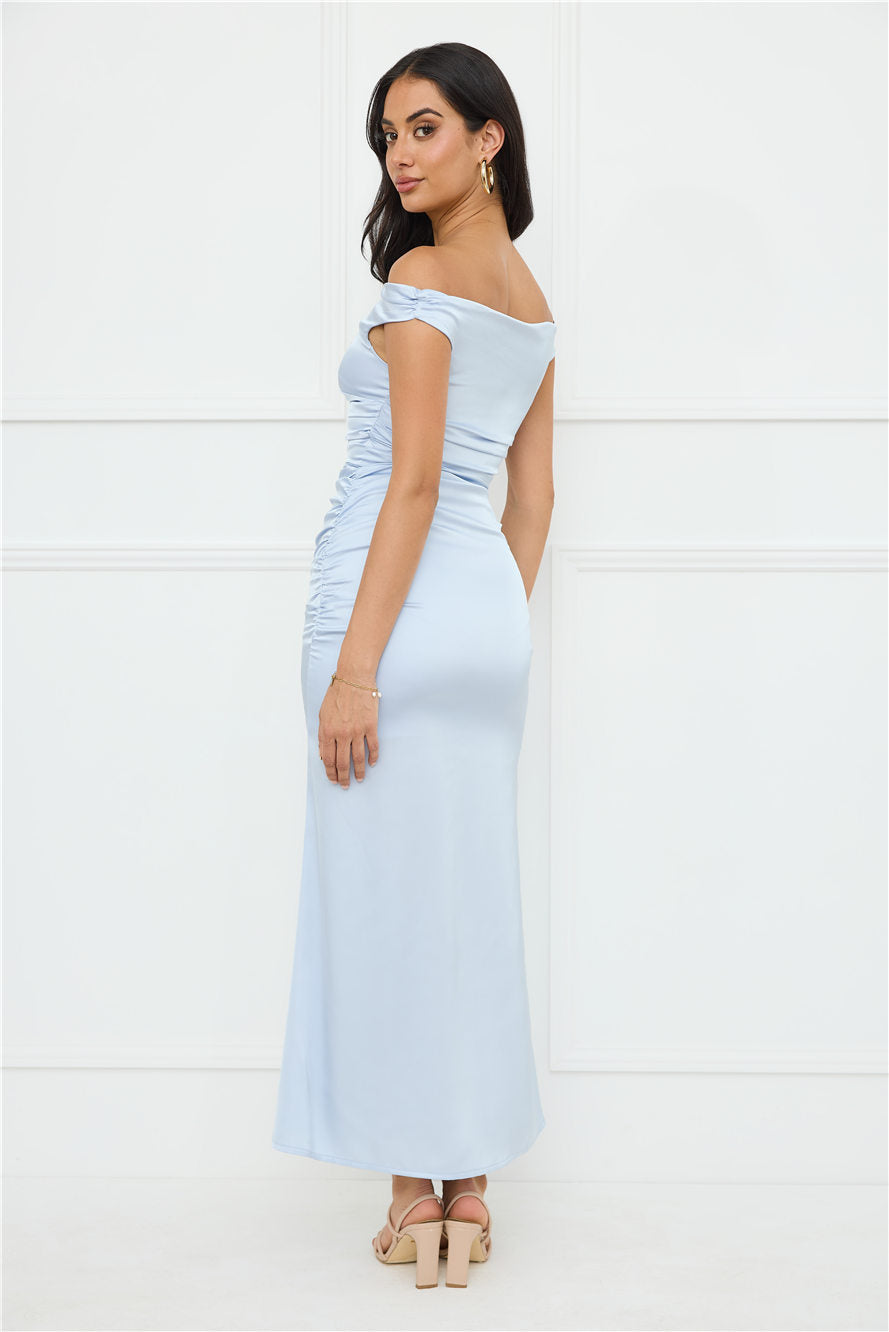 Polished Radiance Off Shoulder Satin Maxi Dress Blue