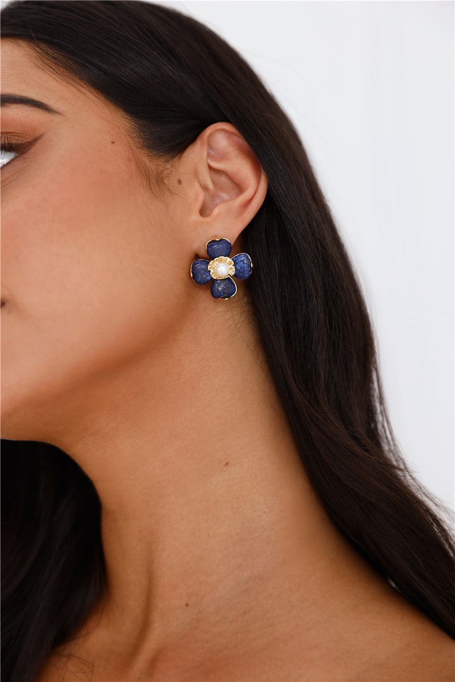 18k Gold Plated Navy Flower Earrings Gold