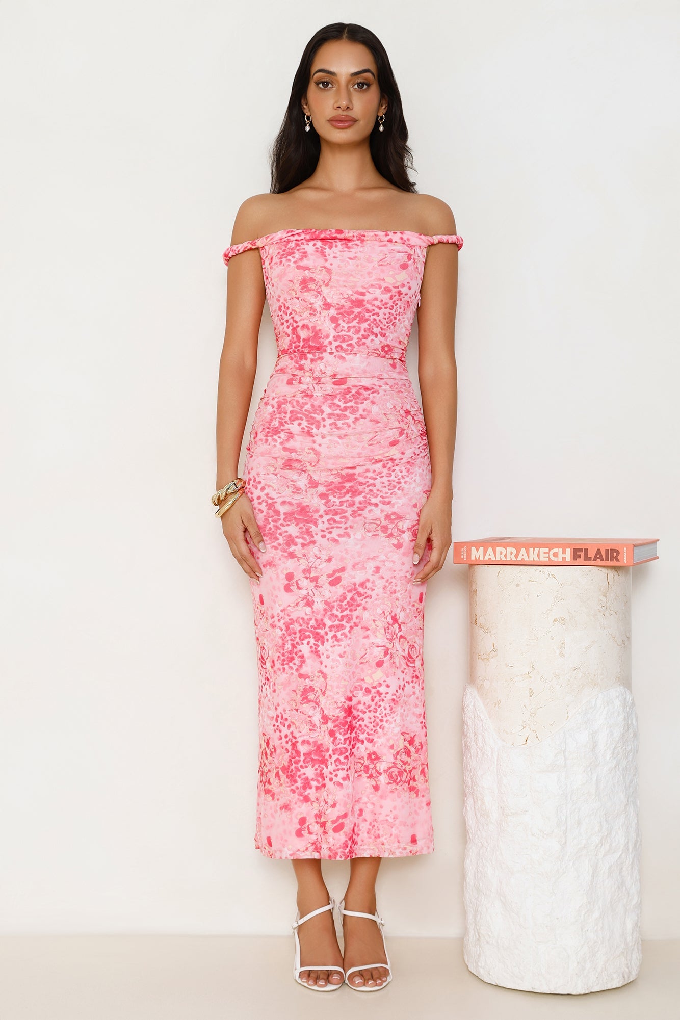 Runway Energy Mesh Off Shoulder Midi Dress Pink