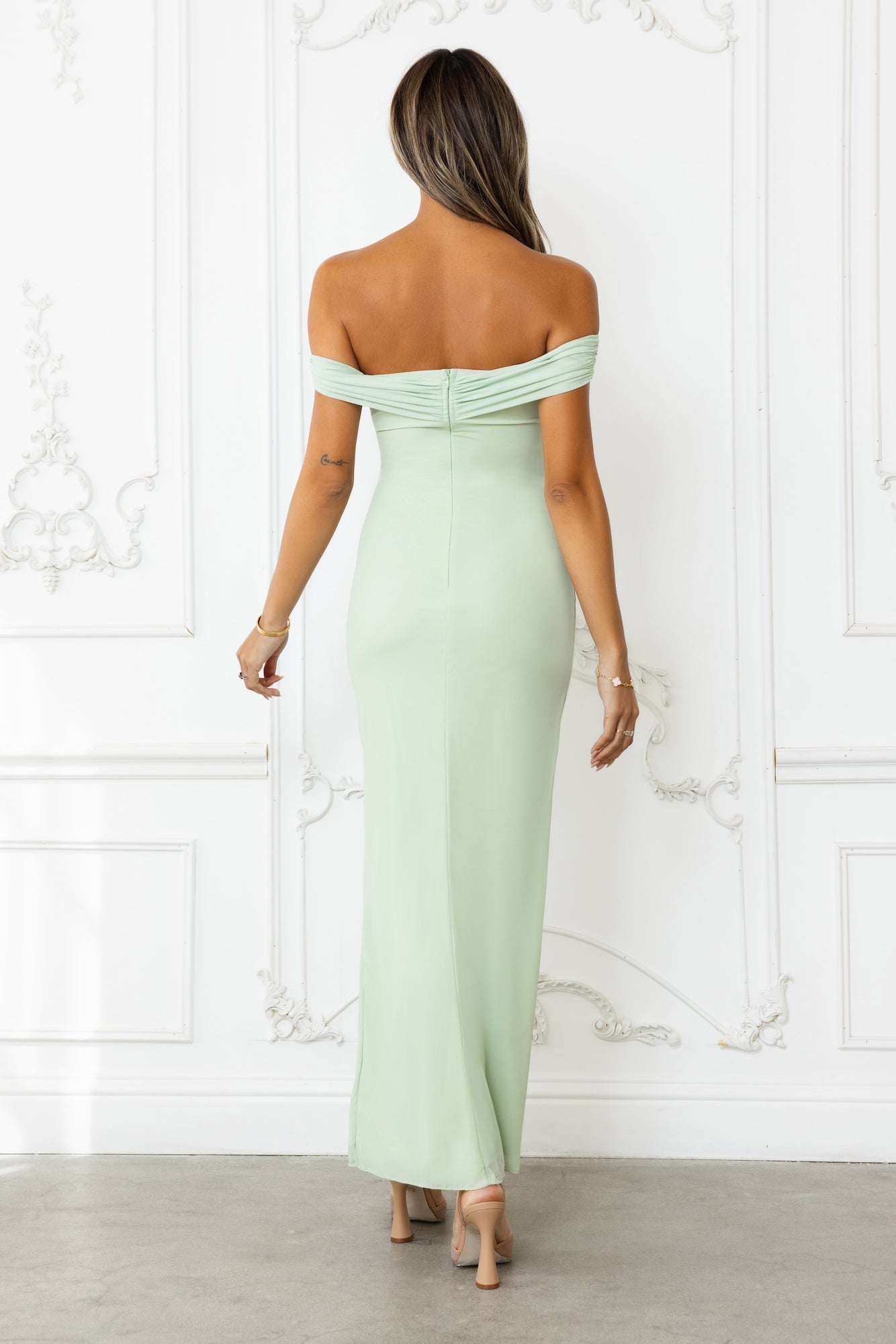 Stepping Back Off Shoulder Mesh Maxi Dress Sage