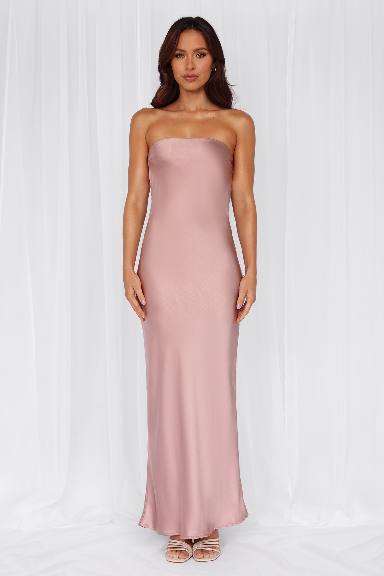 The Felicity Strapless Satin Maxi Dress Dusty Pink