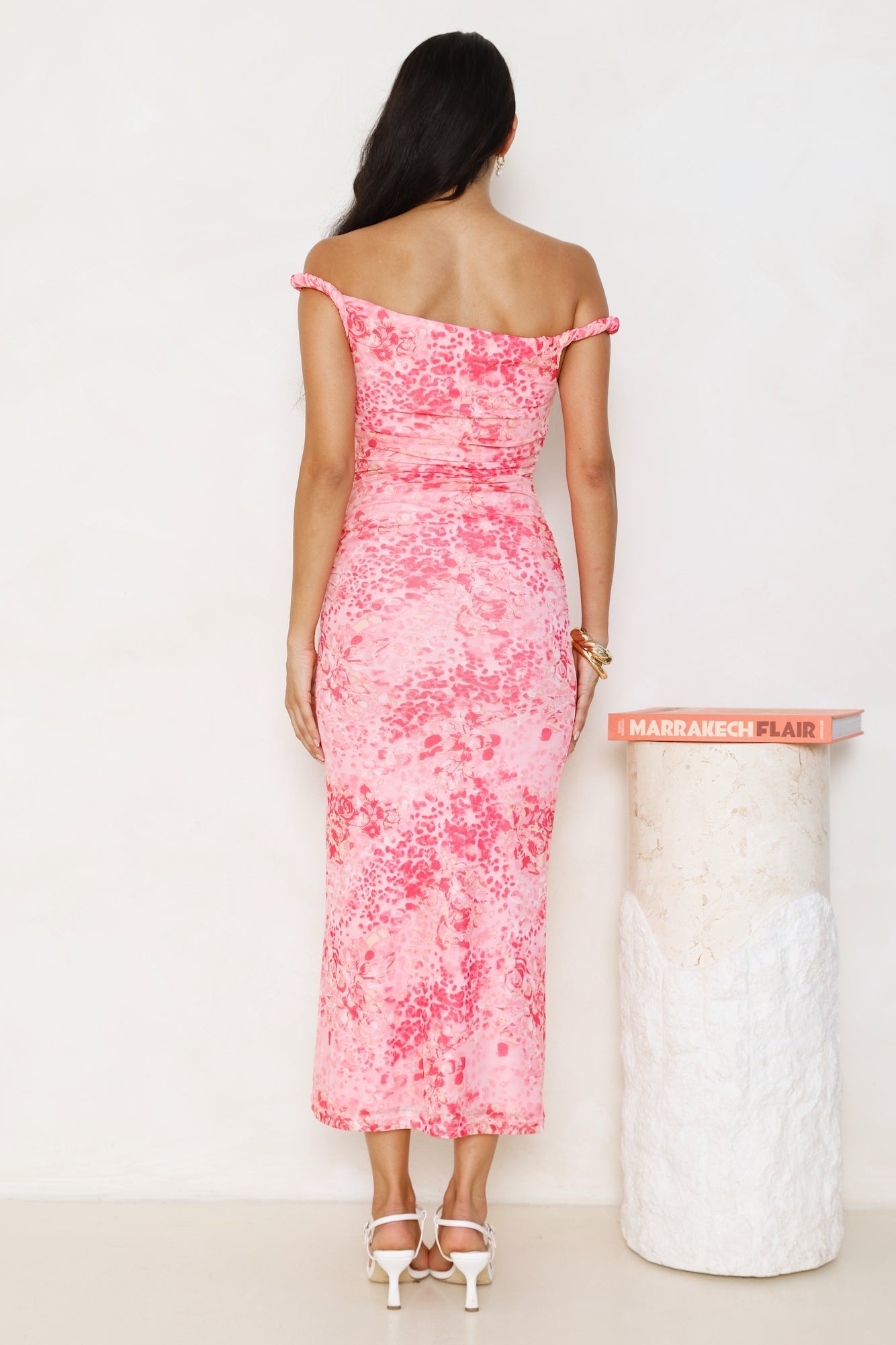 Runway Energy Mesh Off Shoulder Midi Dress Pink
