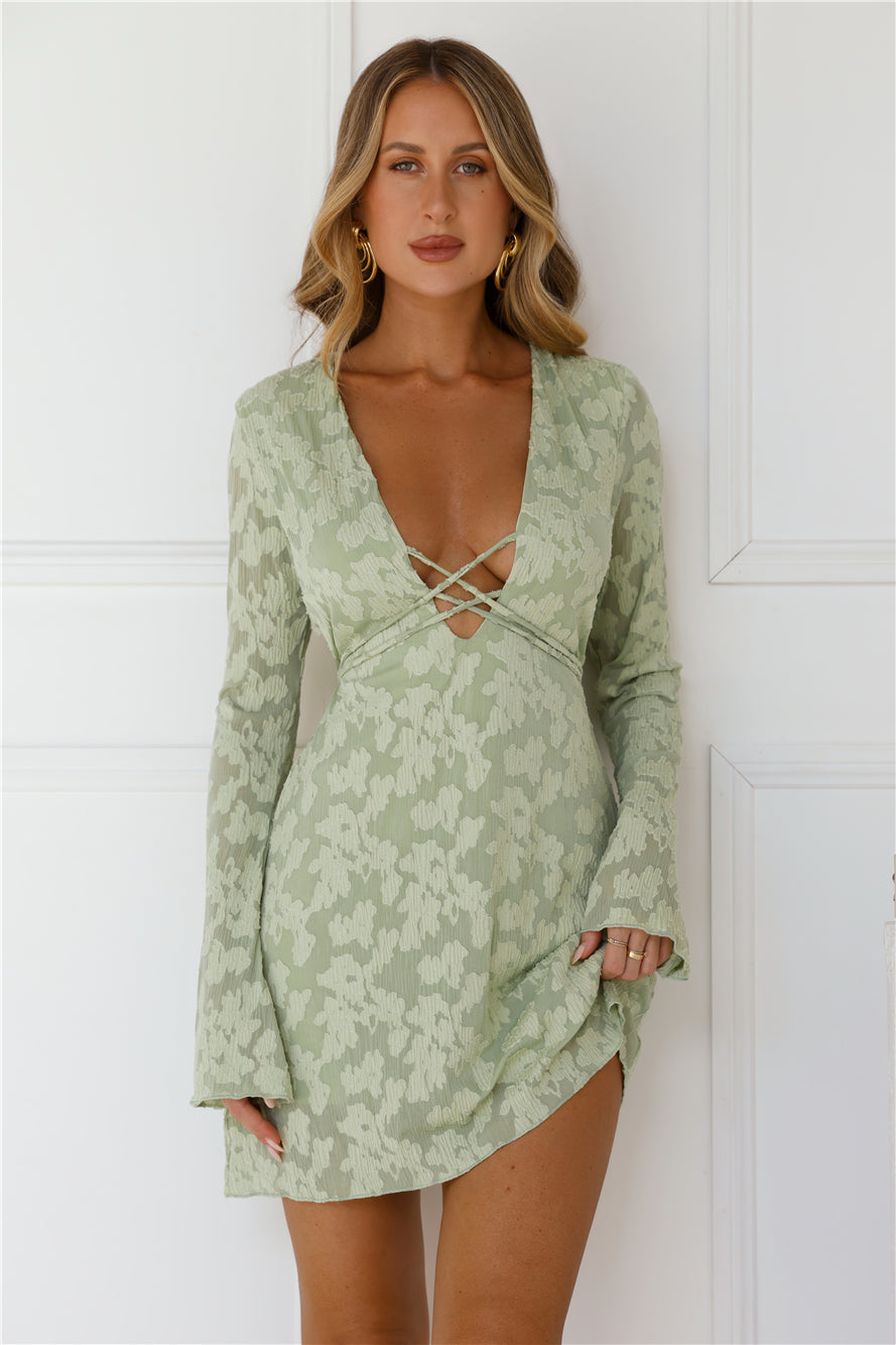 Sparkling Stories Long Sleeve Mini Dress Sage
