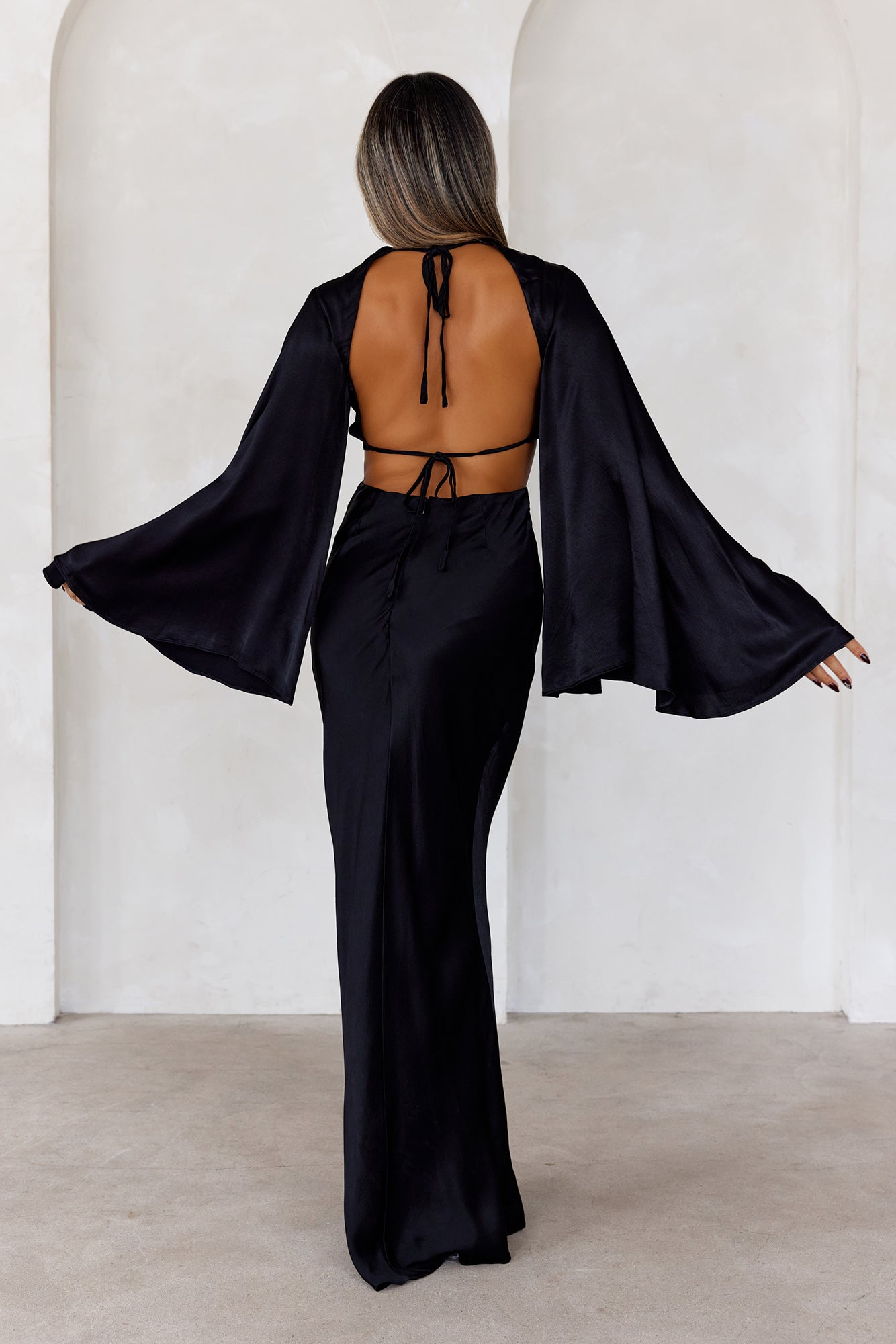 Twilight Goddess Satin Long Sleeve Maxi Dress Black