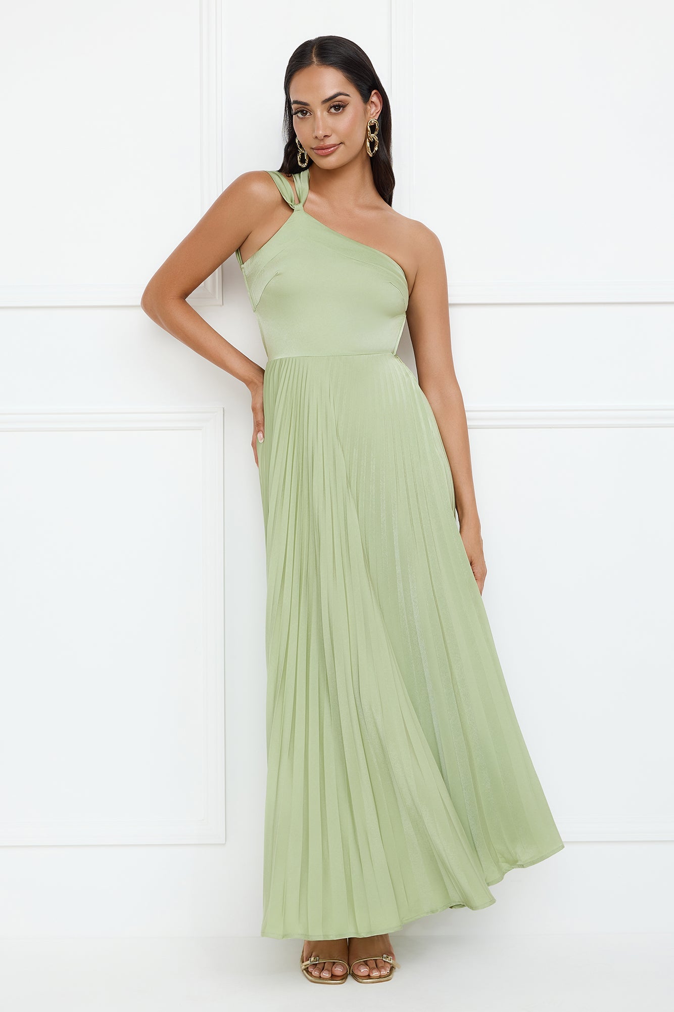 Ros�� Reverie One Shoulder Satin Maxi Dress Sage