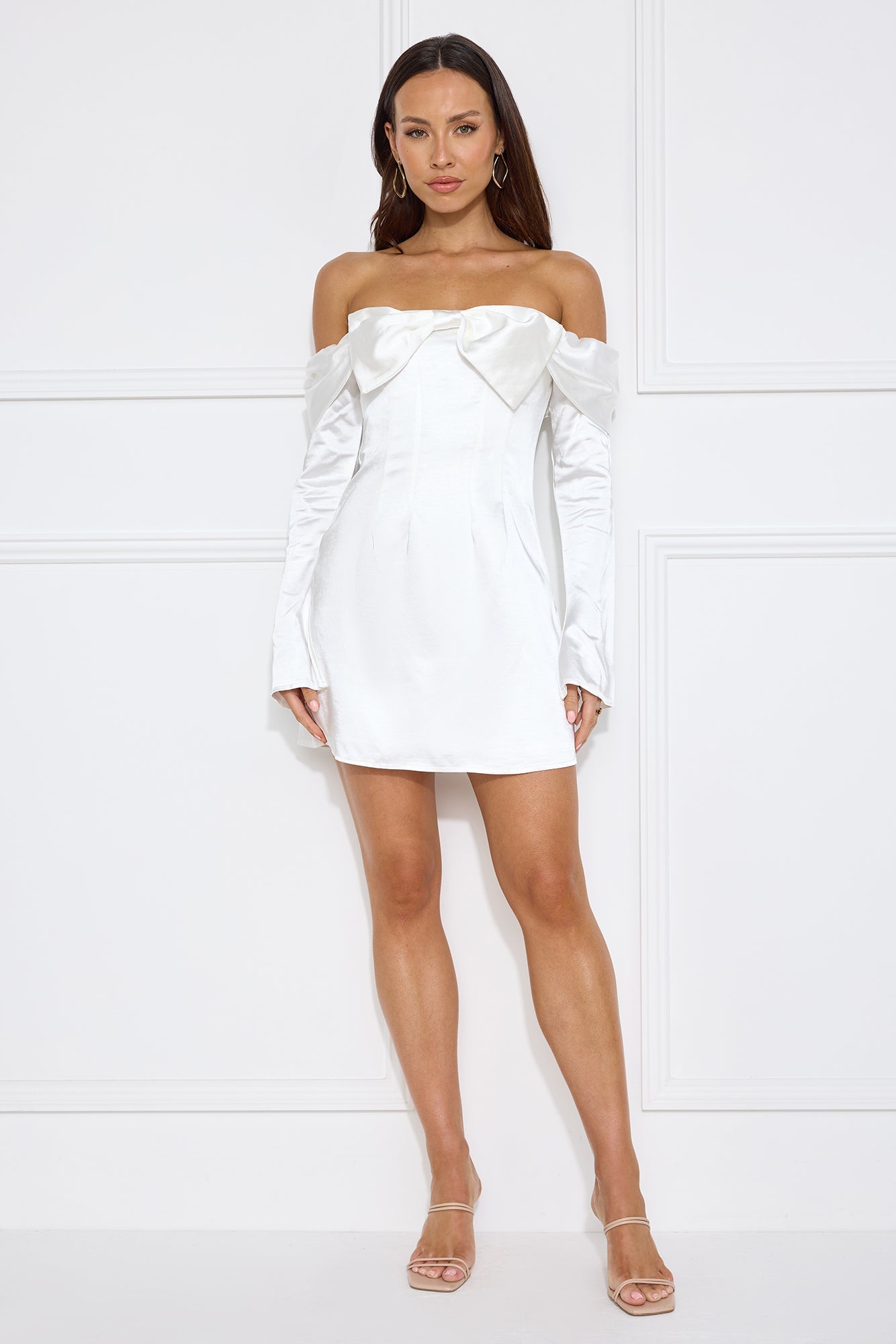 Delicacy Bow Satin Off Shoulder Mini Dress White