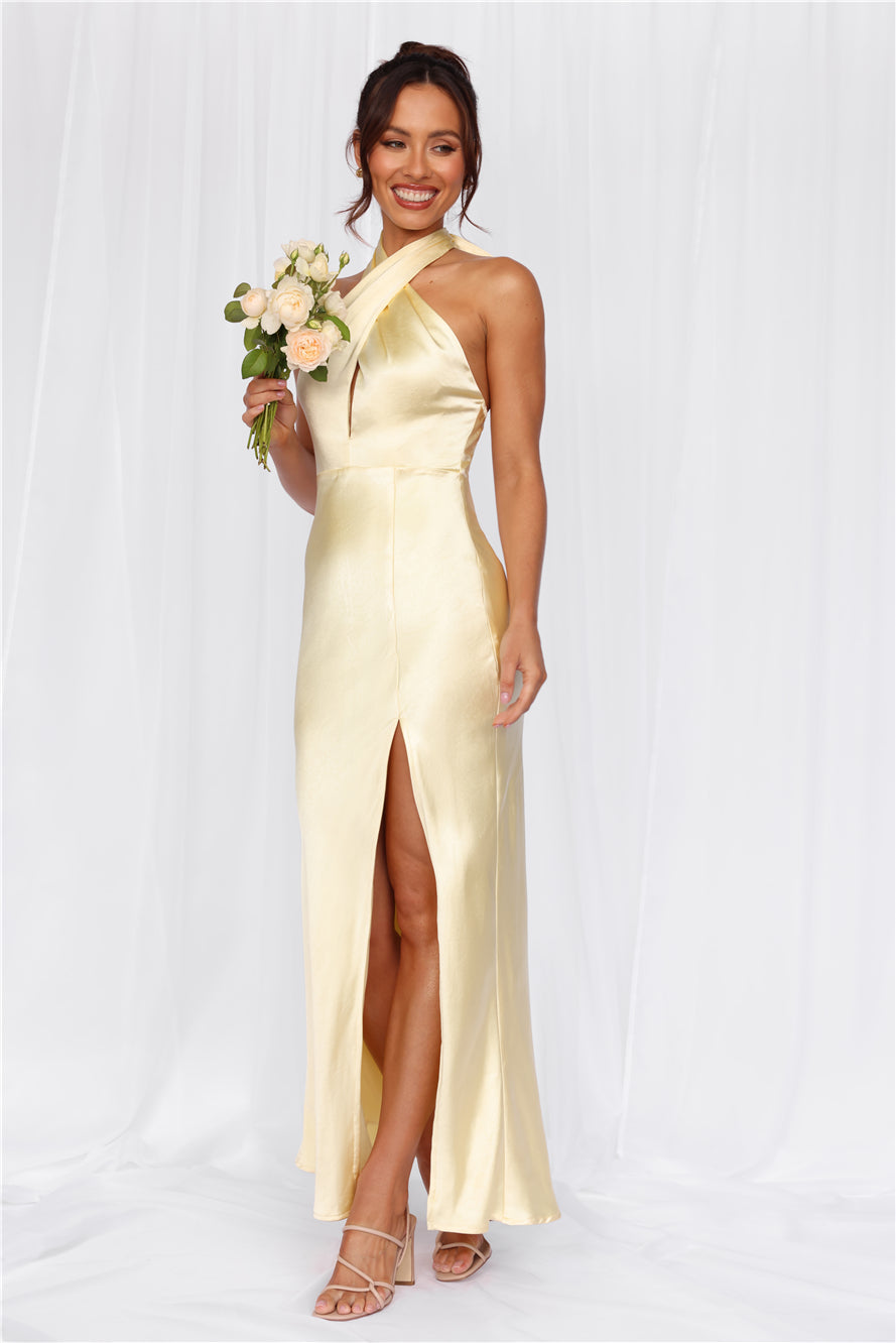 The Adeline Halter Satin Maxi Dress Yellow