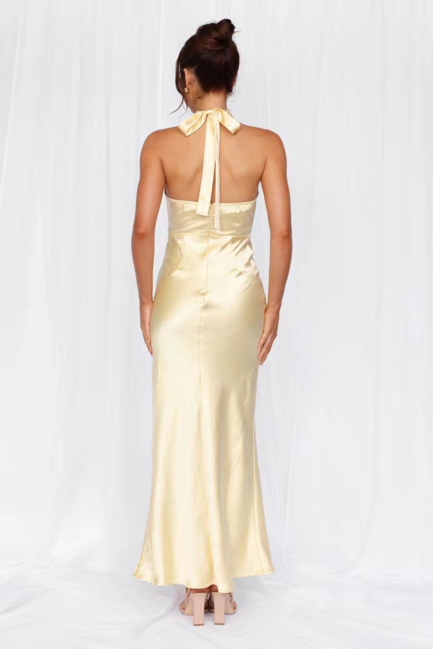 The Adeline Halter Satin Maxi Dress Yellow