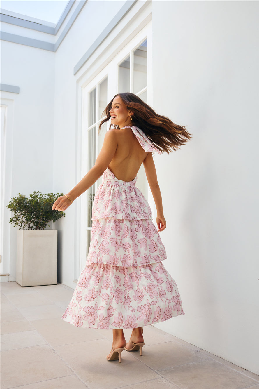 Fancy Garden Party Halter Plisse Maxi Dress Pink