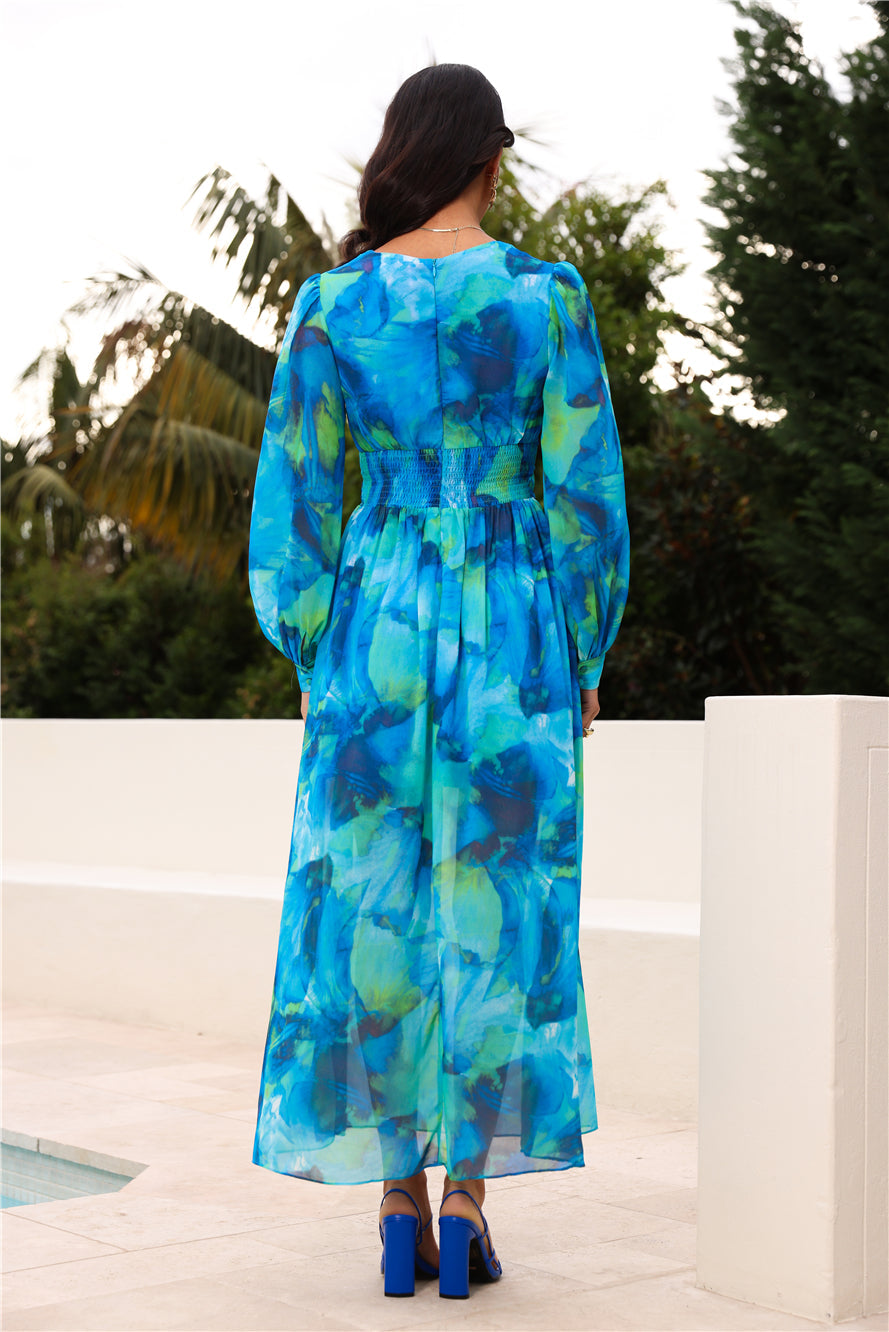 Spring Waterfall Long Sleeve Maxi Dress Blue