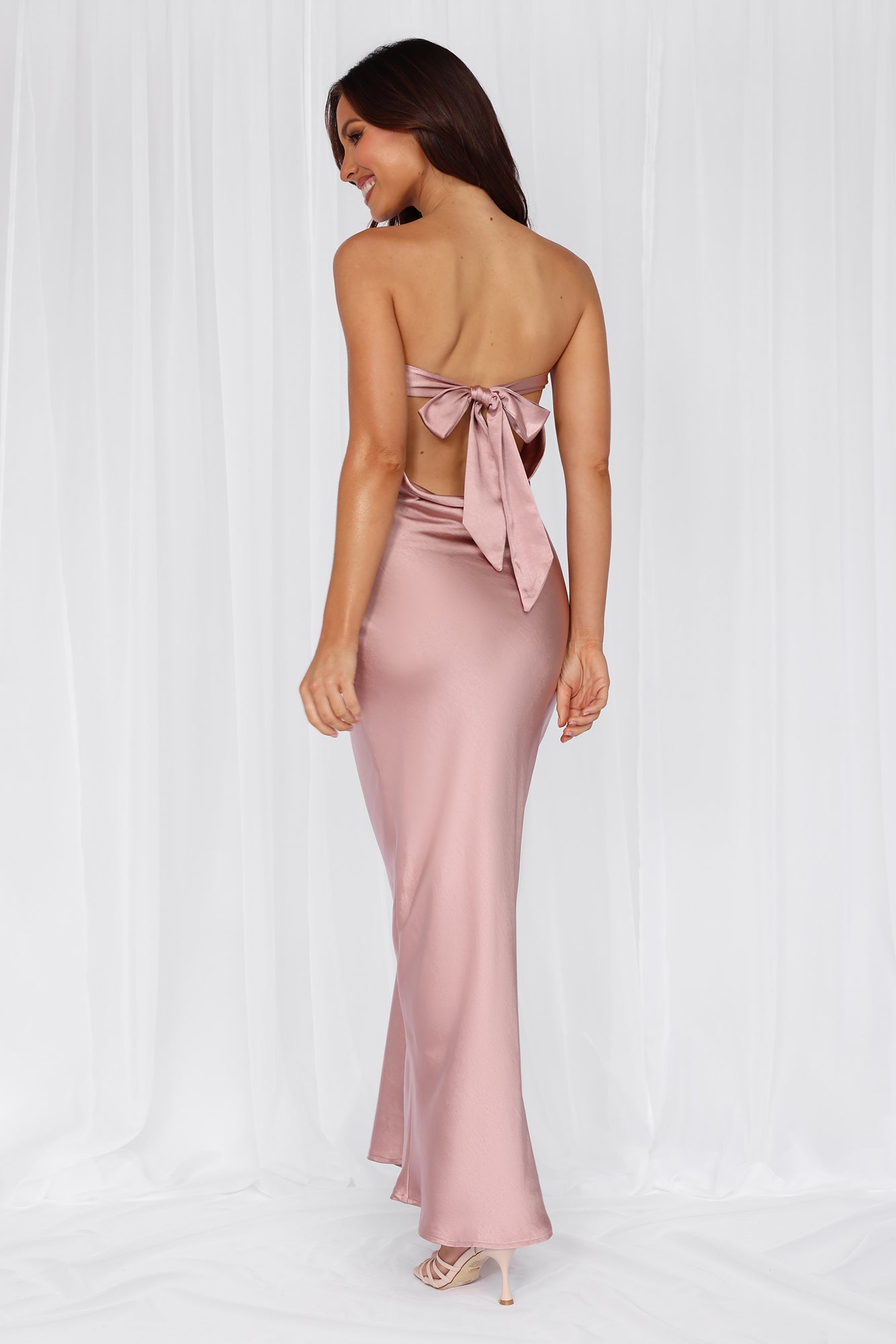The Felicity Strapless Satin Maxi Dress Dusty Pink