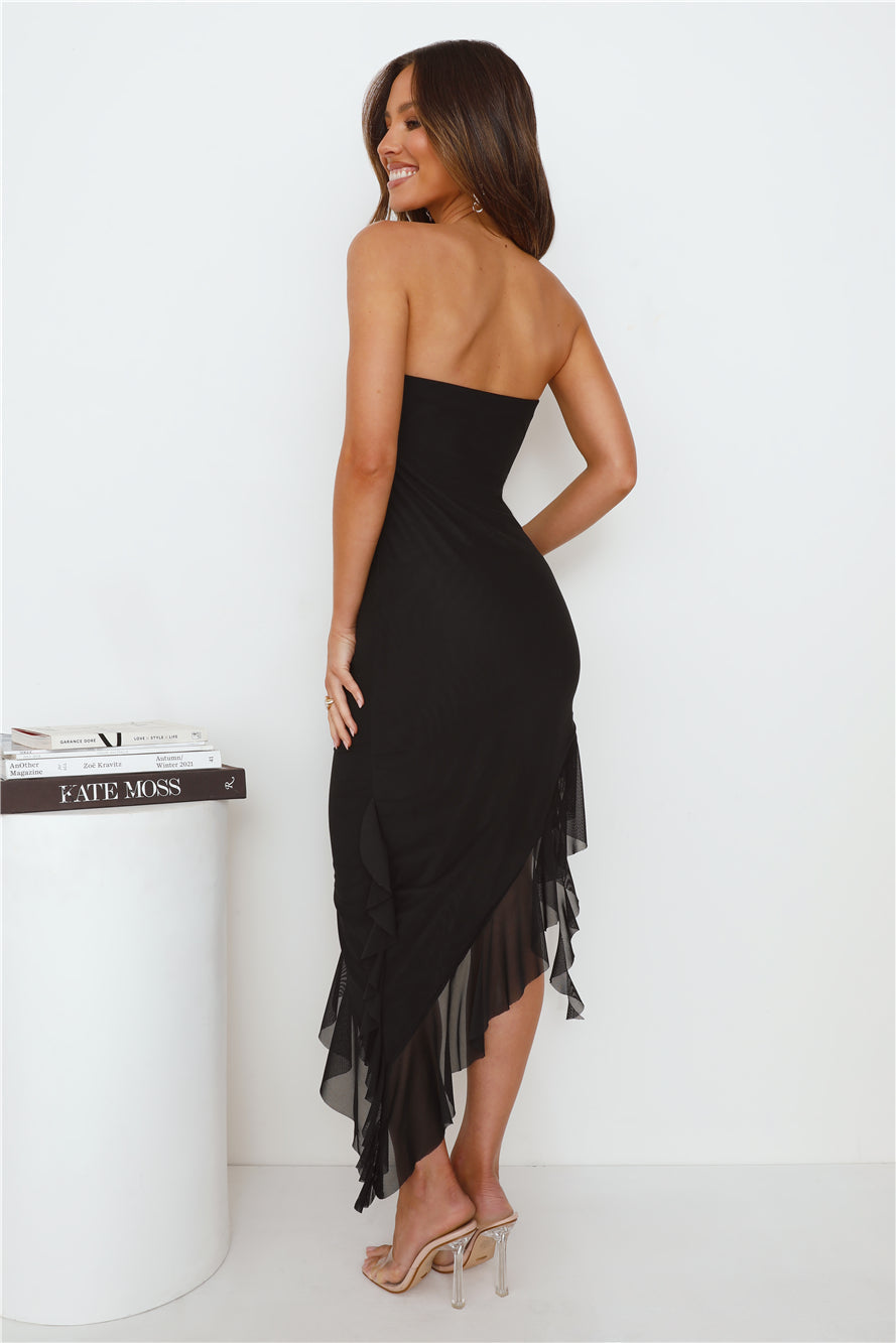 Social Status Strapless Mesh Frill Midi Dress Black