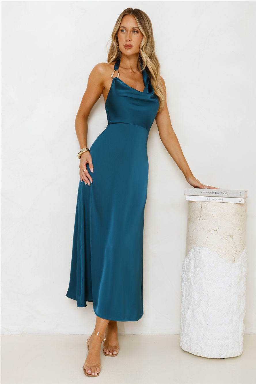 Night's Allure Satin Halter Maxi Dress Teal