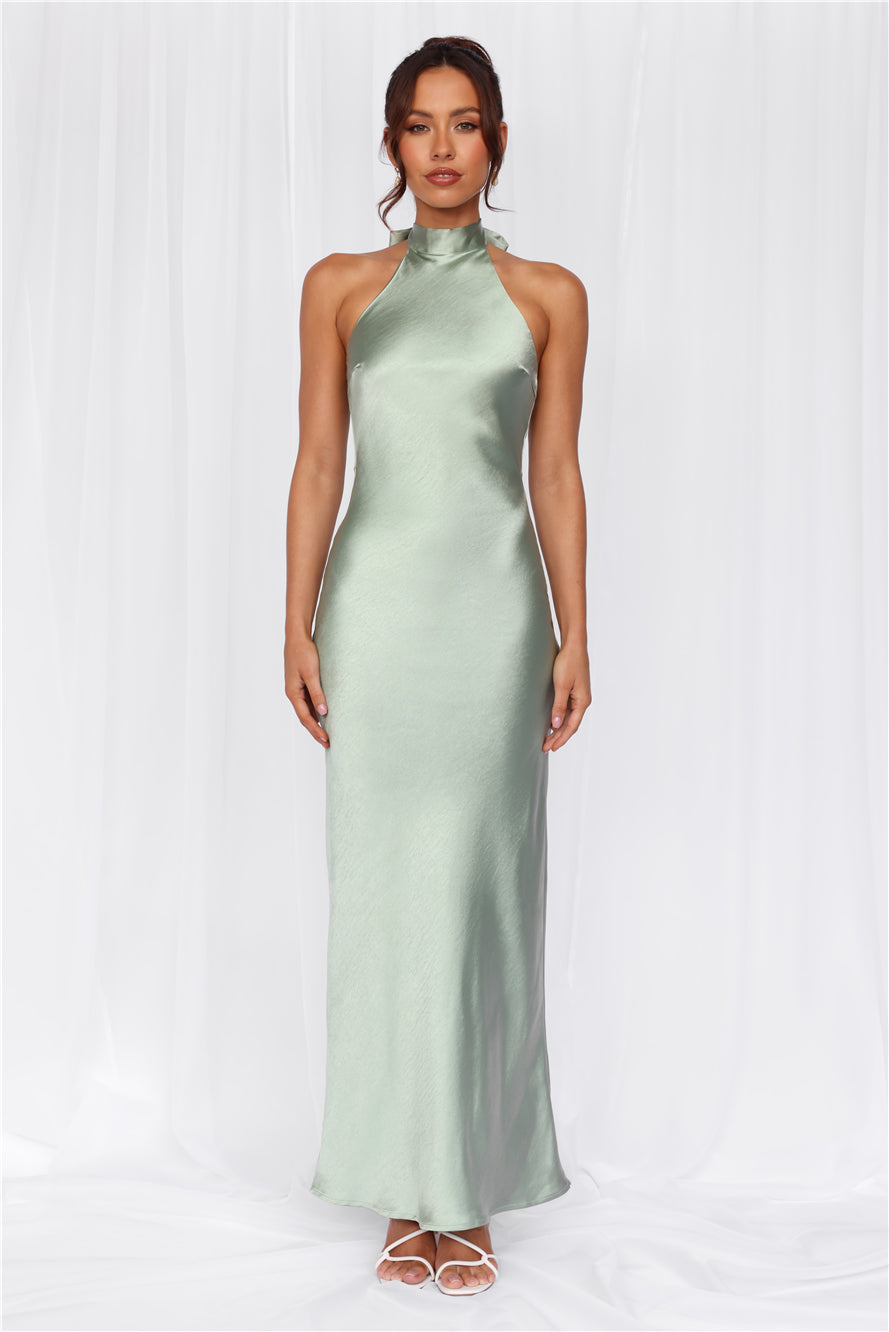 The Cleo Halter Satin Maxi Dress Sage