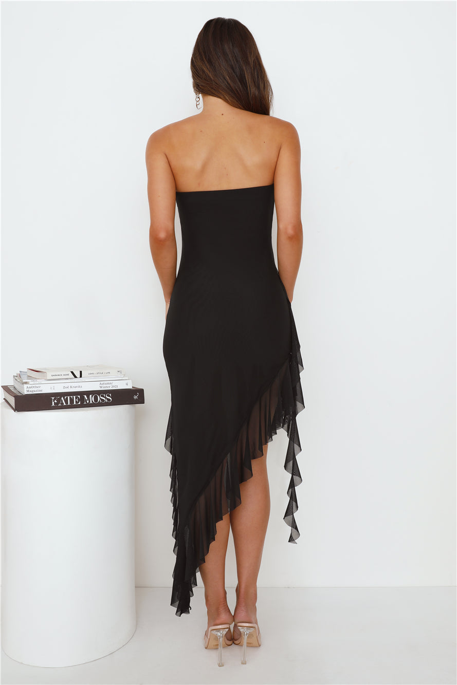 Social Status Strapless Mesh Frill Midi Dress Black
