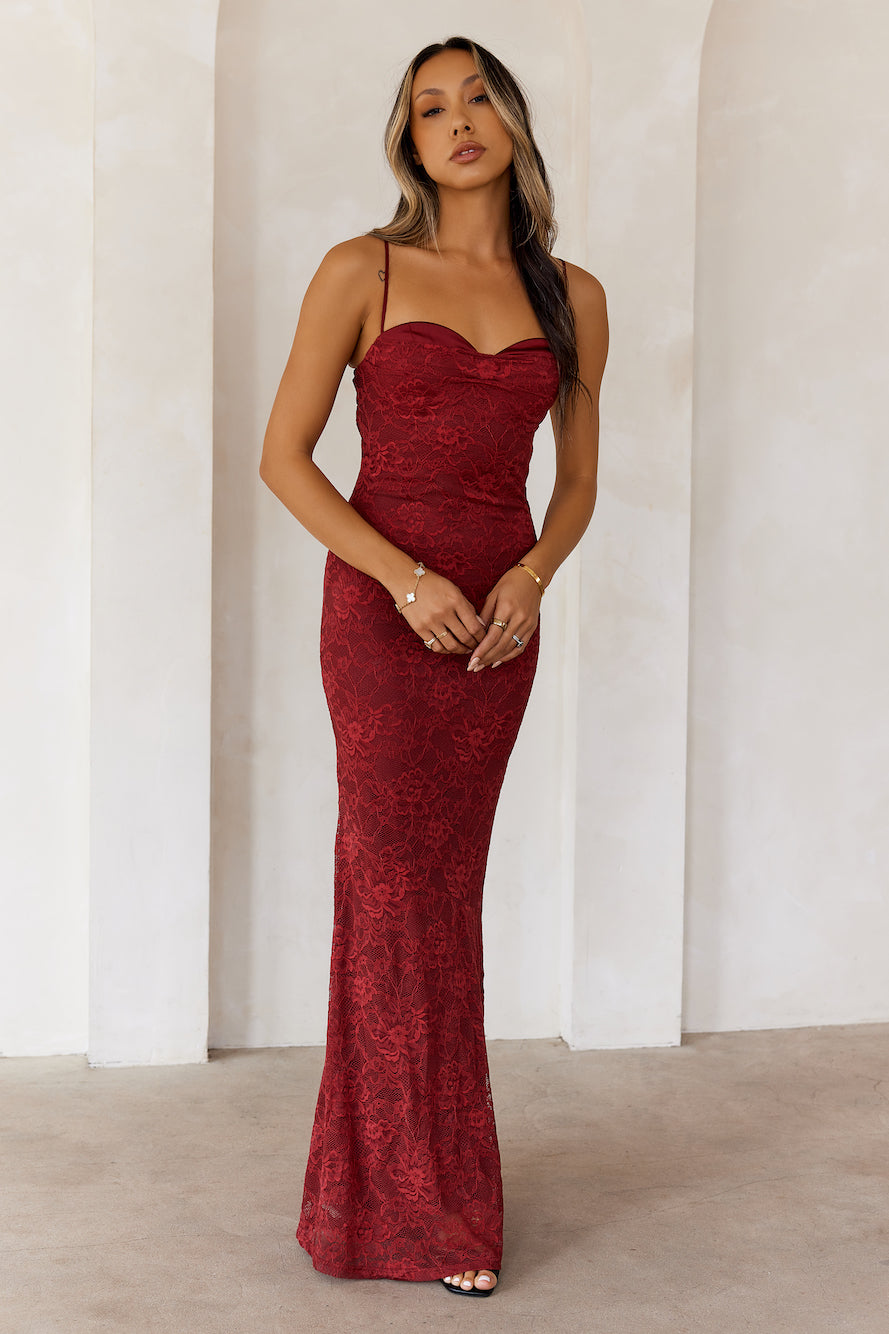 Chasing Midnight Lace Maxi Dress Wine