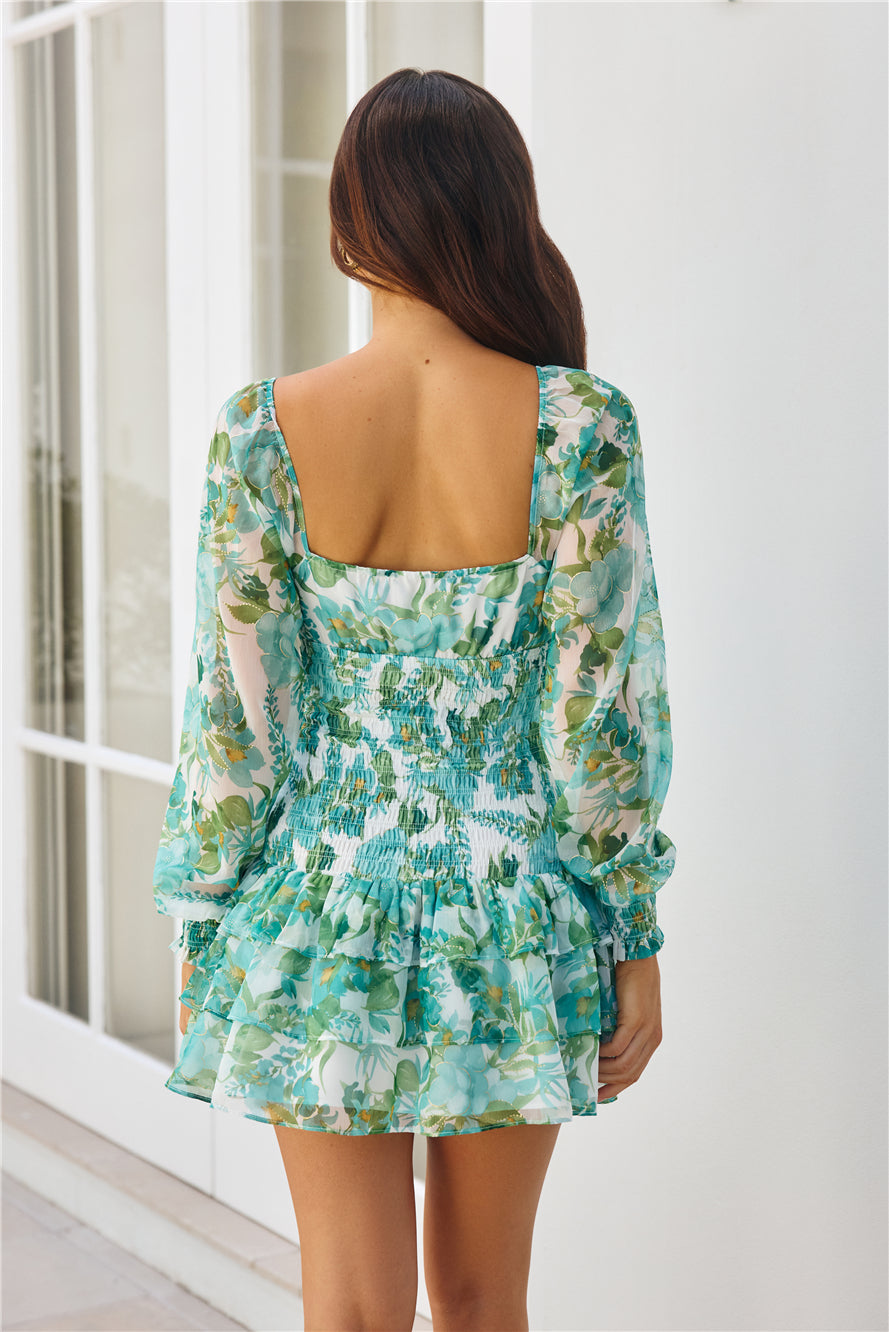 Tea Gardens Long Sleeve Mini Dress Green
