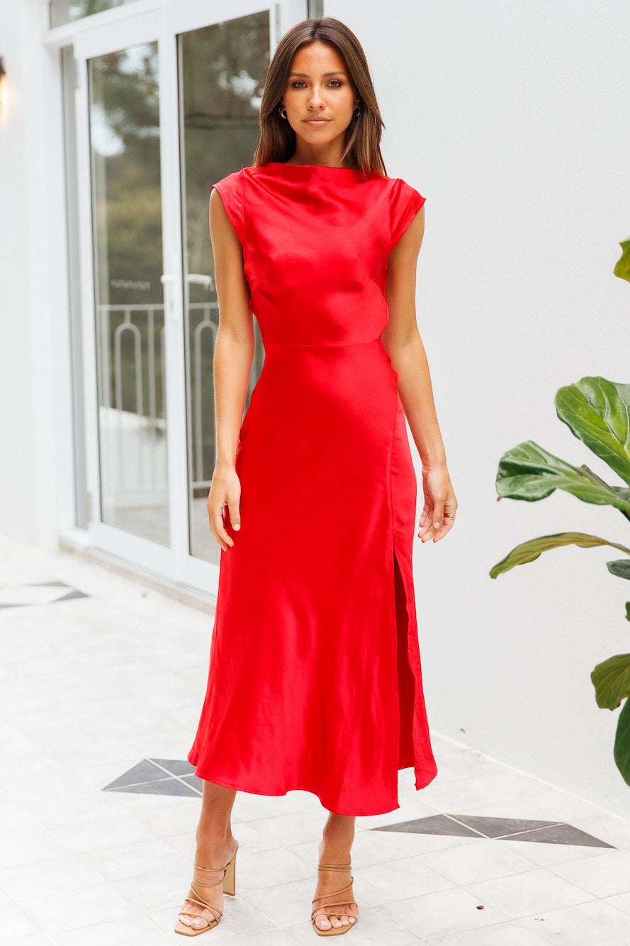 Get In Formation Satin Midi Dress Red