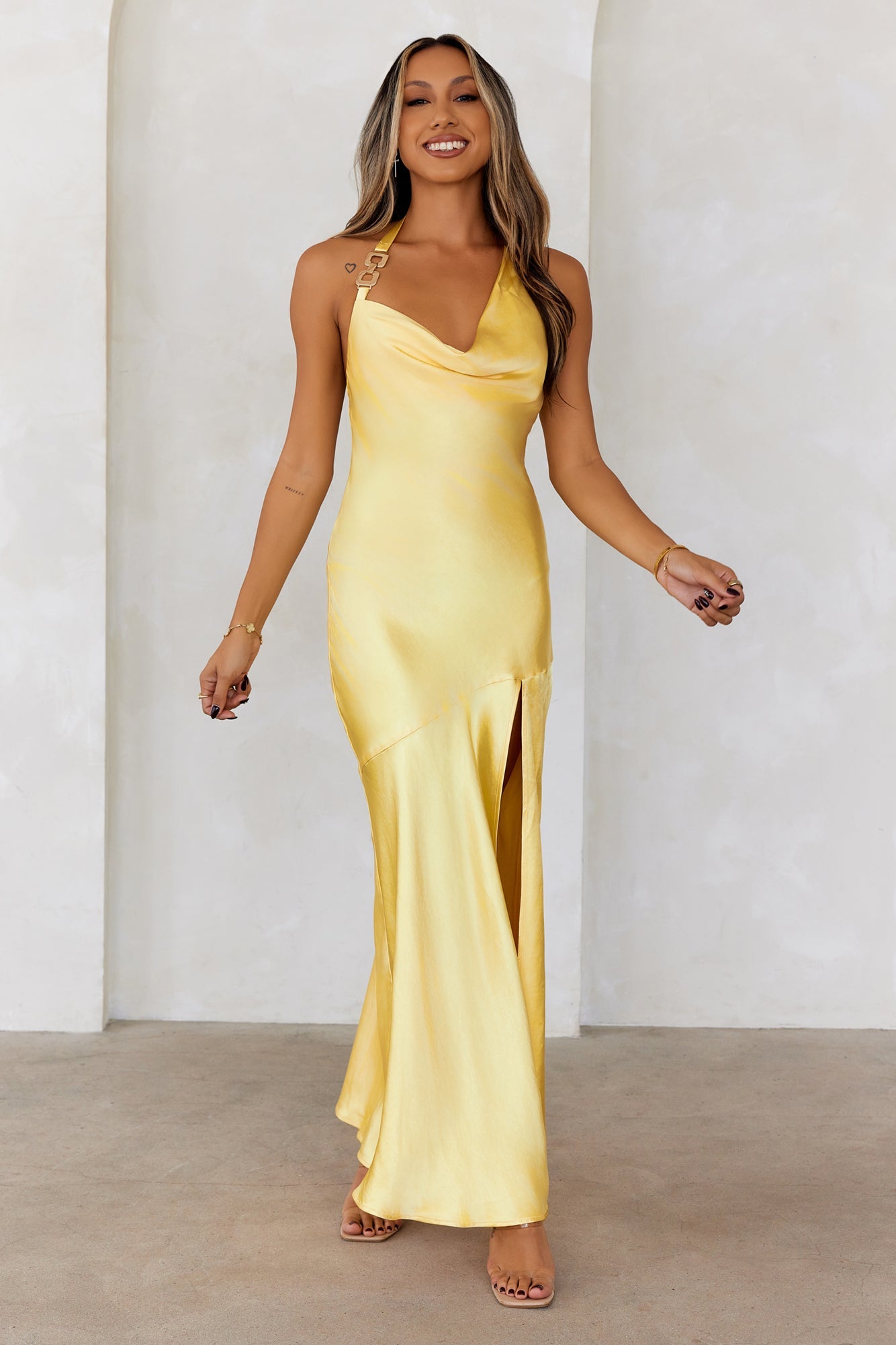 Enchanted Beauty Halter Satin Maxi Dress Yellow