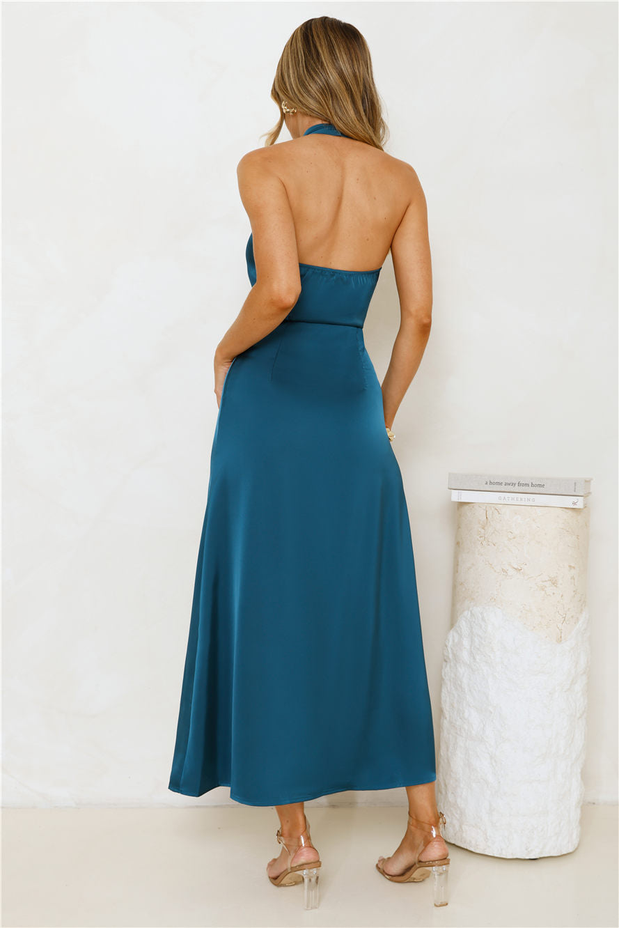 Night's Allure Satin Halter Maxi Dress Teal