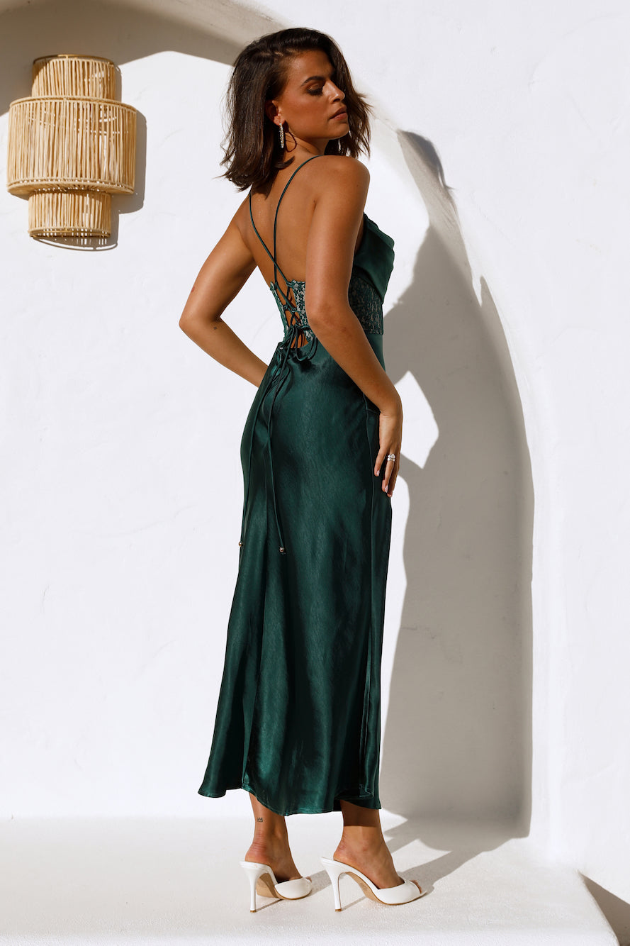Sipping Waterfalls Satin Midi Dress Green